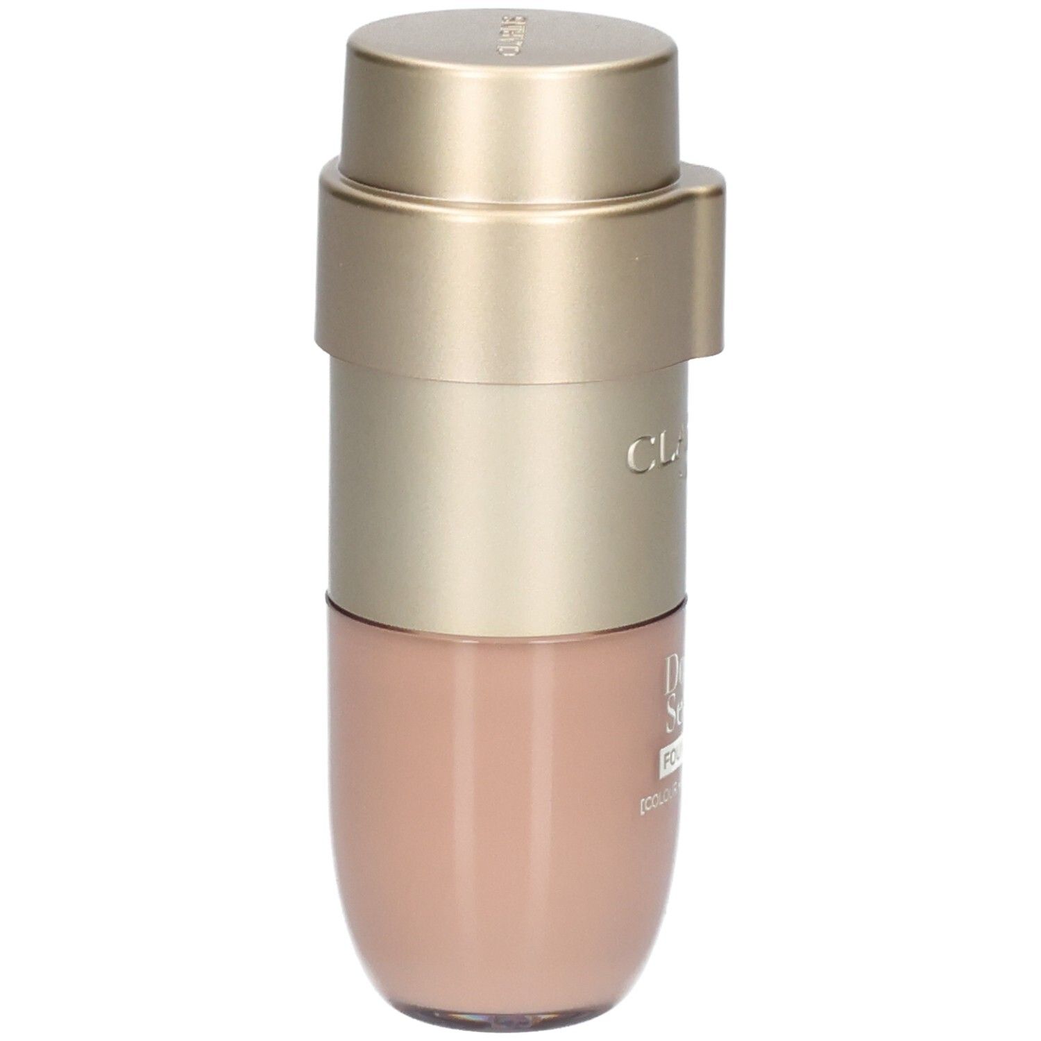 Eine goldene und beige Foundation-Flasche mit silbernem Applikator.