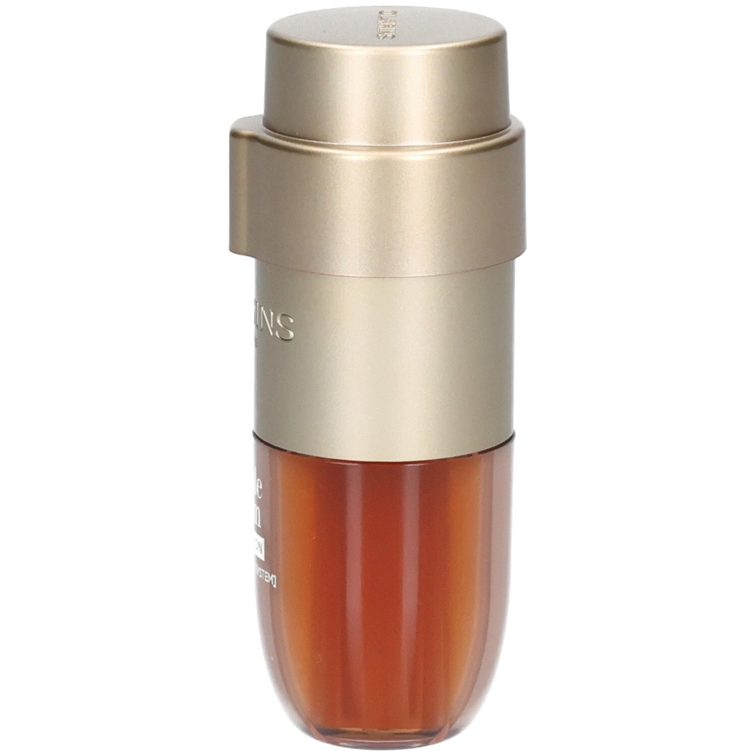 Clarins Double Serum Foundation Flakon von der Seite, mit goldfarbenem Pumpspender und zwei Kammern.