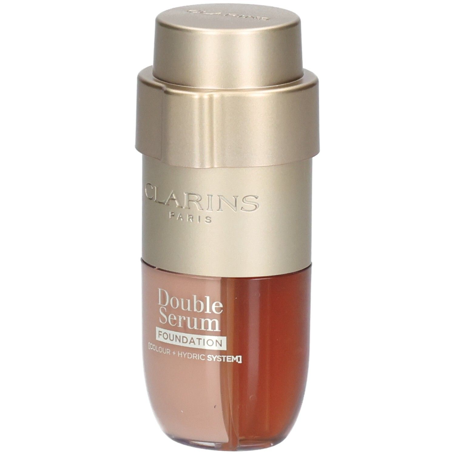 Clarins Double Serum Foundation Flakon mit goldfarbenem Pumpspender, zwei Kammern für Serum und Foundation.