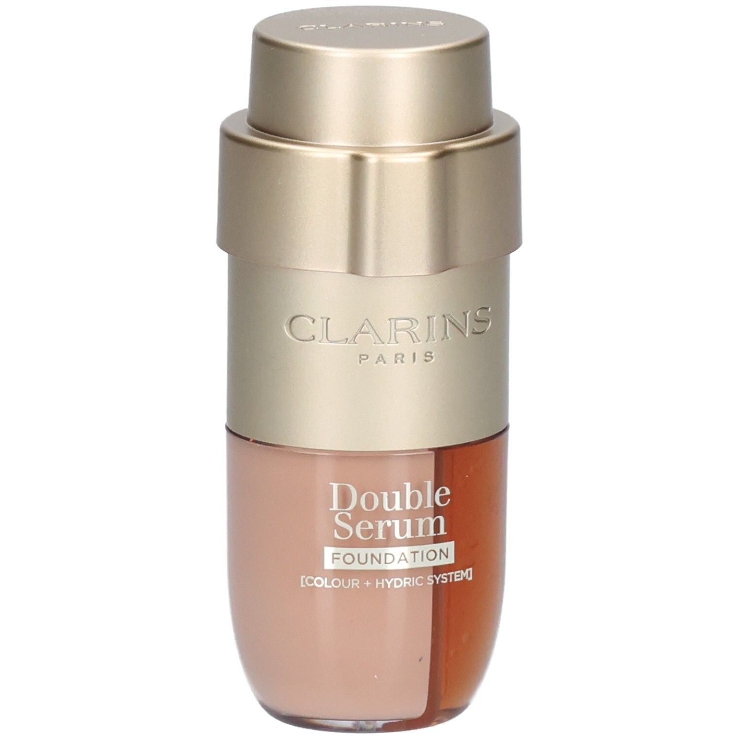 Clarins Double Serum Foundation Flakon mit goldfarbenem Pumpspender, zeigt die beiden Kammern mit Serum und Foundation.