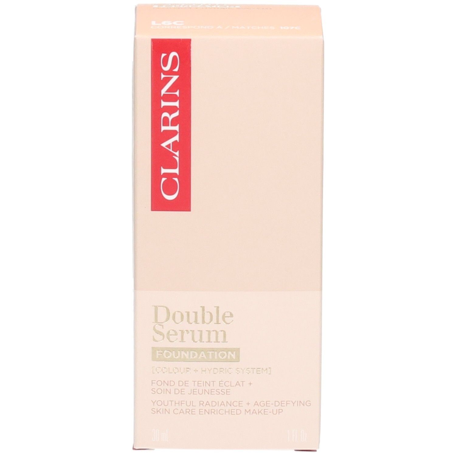 Clarins Double Serum Foundation Karton. Enthält Text wie 'FOUNDATION' und 'SOIN DE JEUNESSE'.