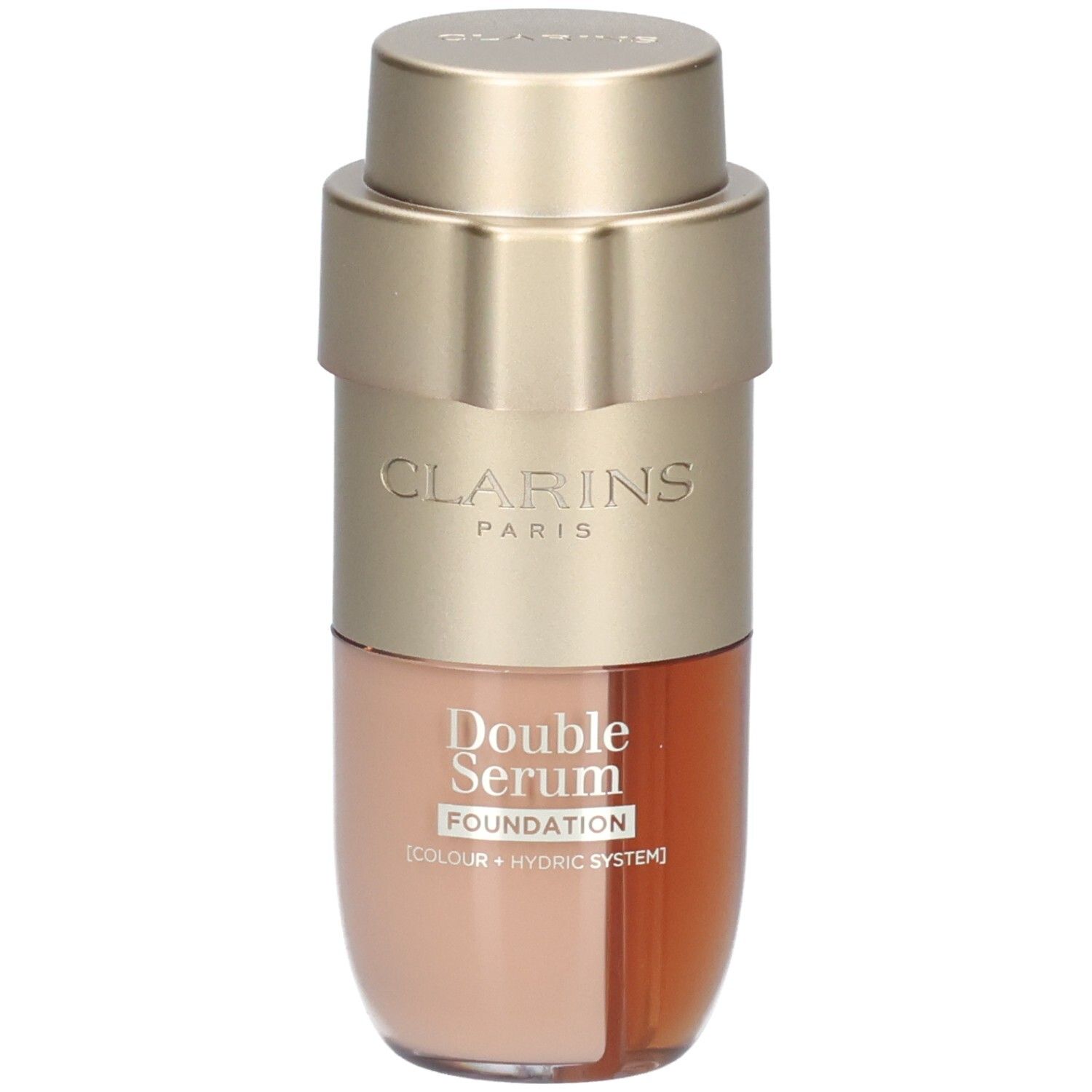 Clarins Double Serum Foundation L6W in gold and beige packaging.
