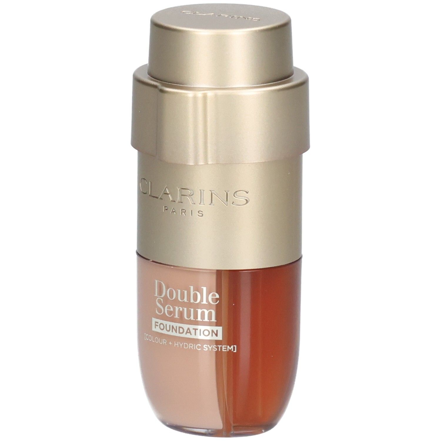 Clarins Double Serum Foundation L6W, gold and beige packaging.