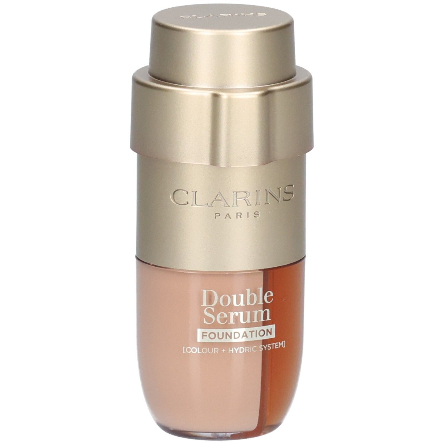 Clarins Double Serum Foundation L6W, gold and beige packaging.
