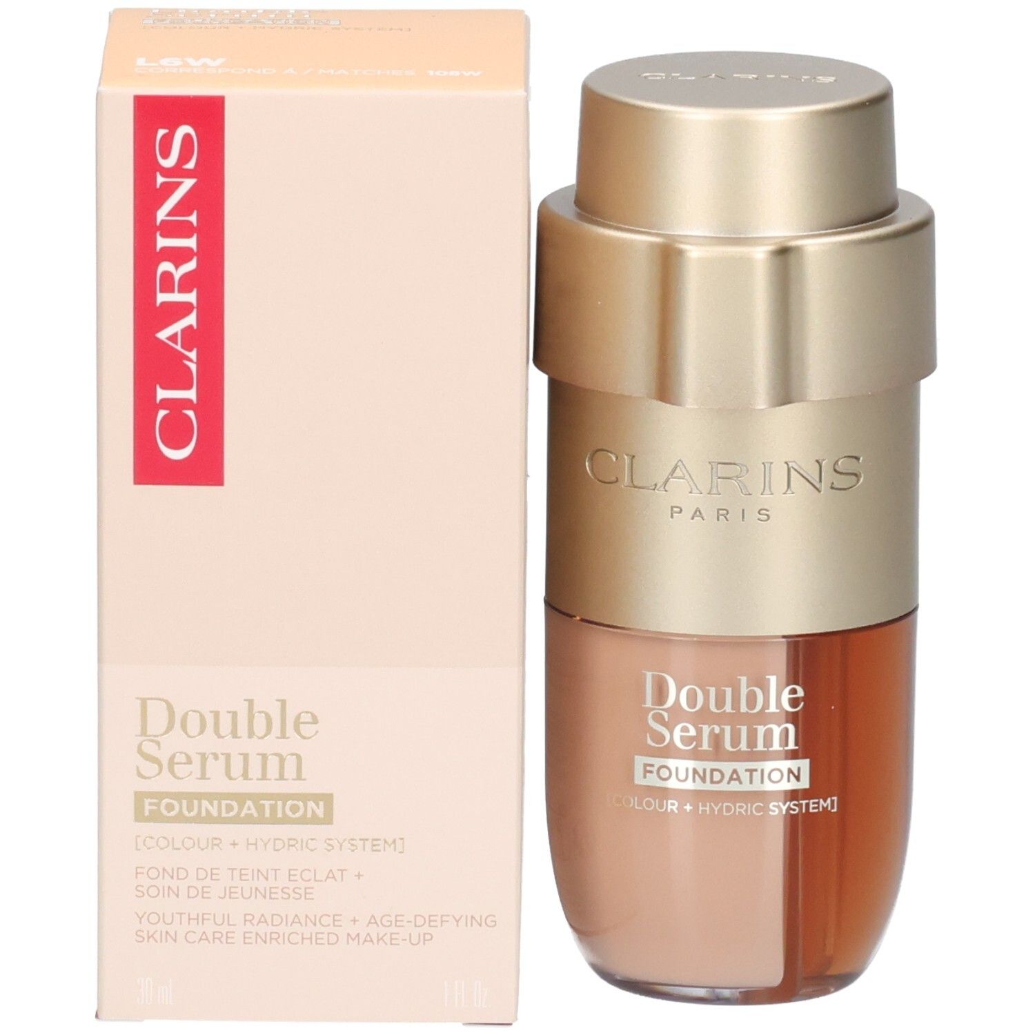 Clarins Double Serum Foundation L6W with its beige box.