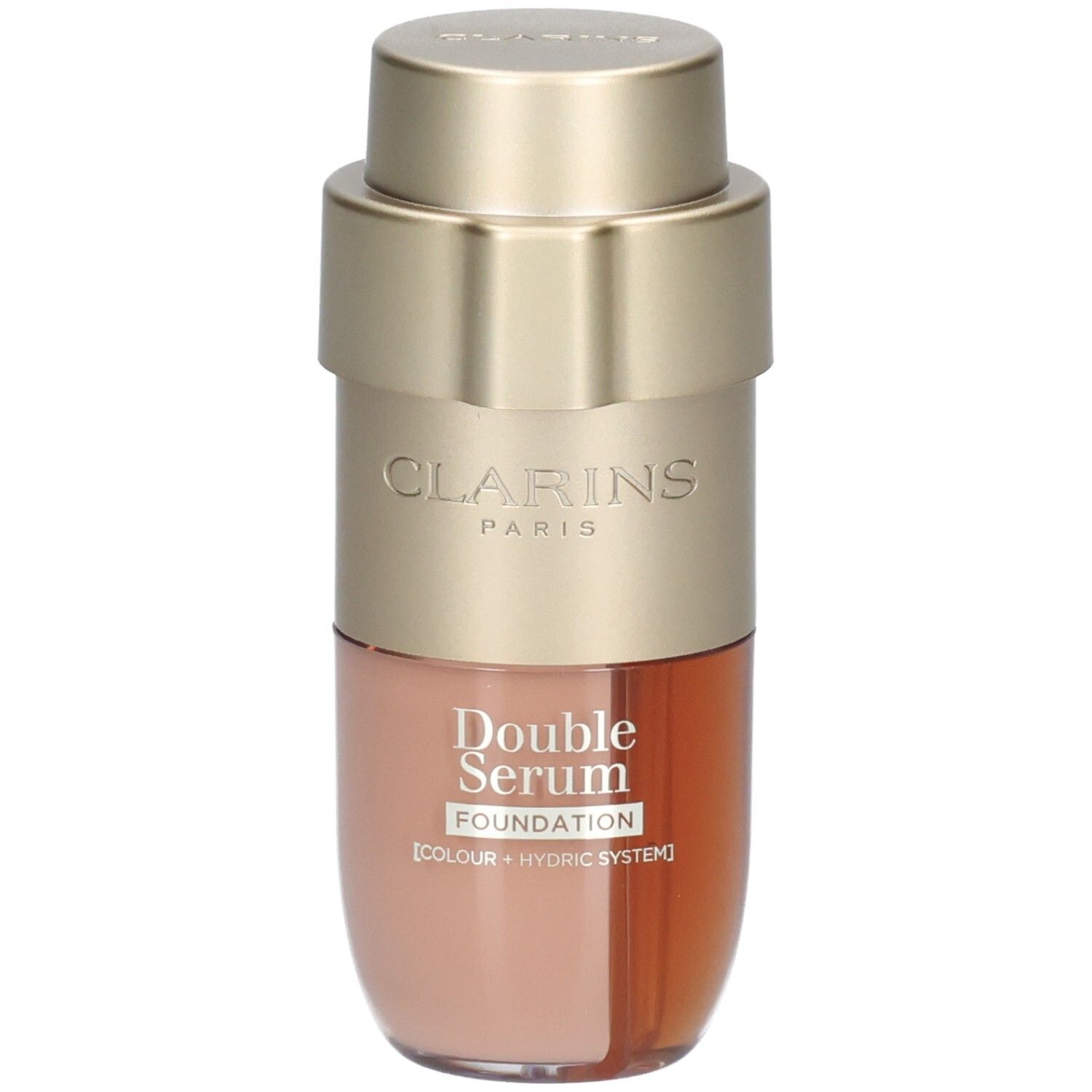 Clarins Double Serum Foundation M1C in gold and peach packaging. Two-chamber bottle with pump dispenser.