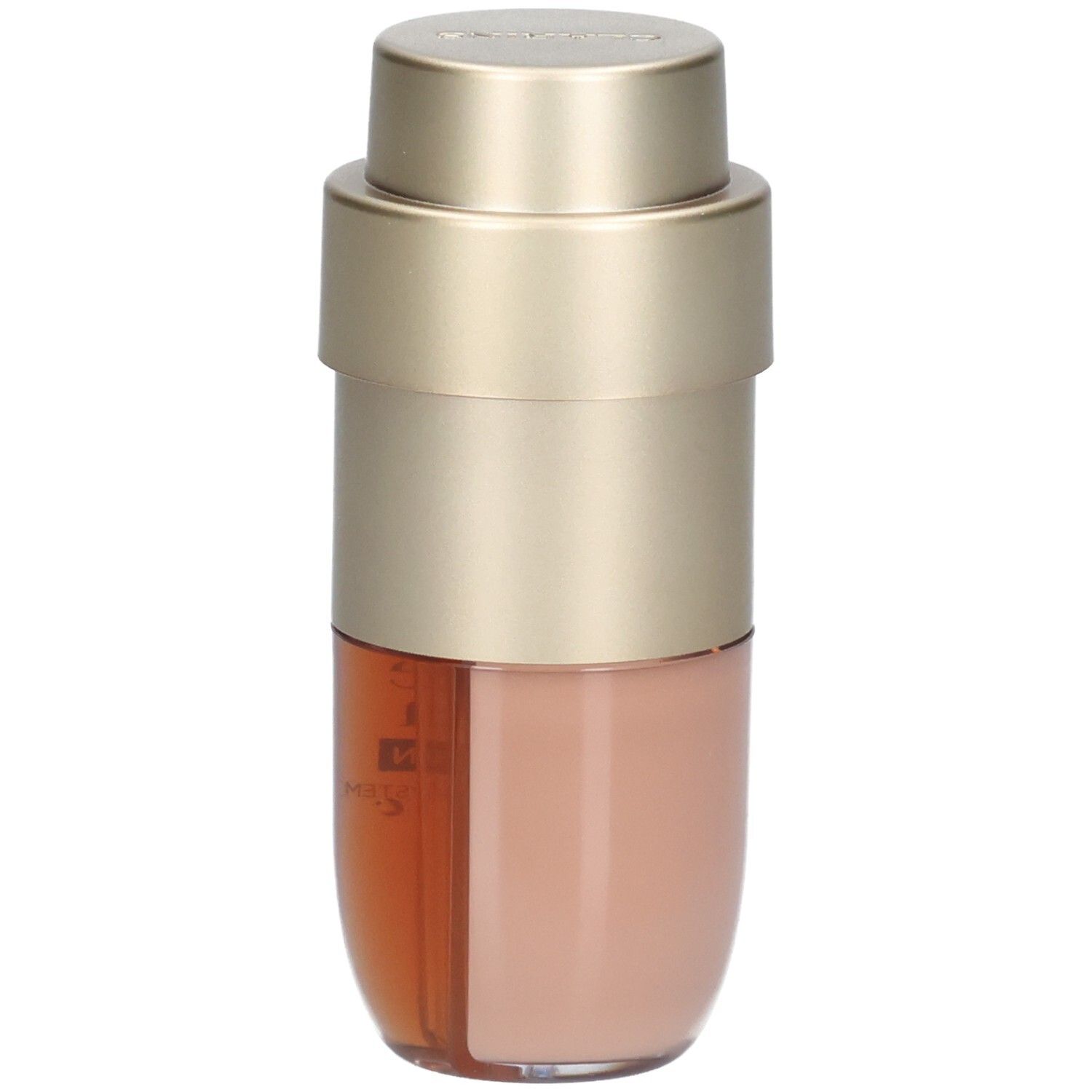 Clarins Double Serum Foundation M1C, geteilte Flasche mit goldener Kappe und zwei Kammern für Foundation.