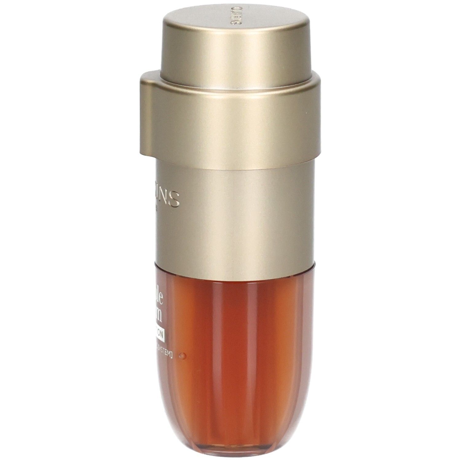 Clarins Double Serum Foundation M1C, goldfarbene Pumpe, goldener Deckel, Flasche mit zwei Kammern.