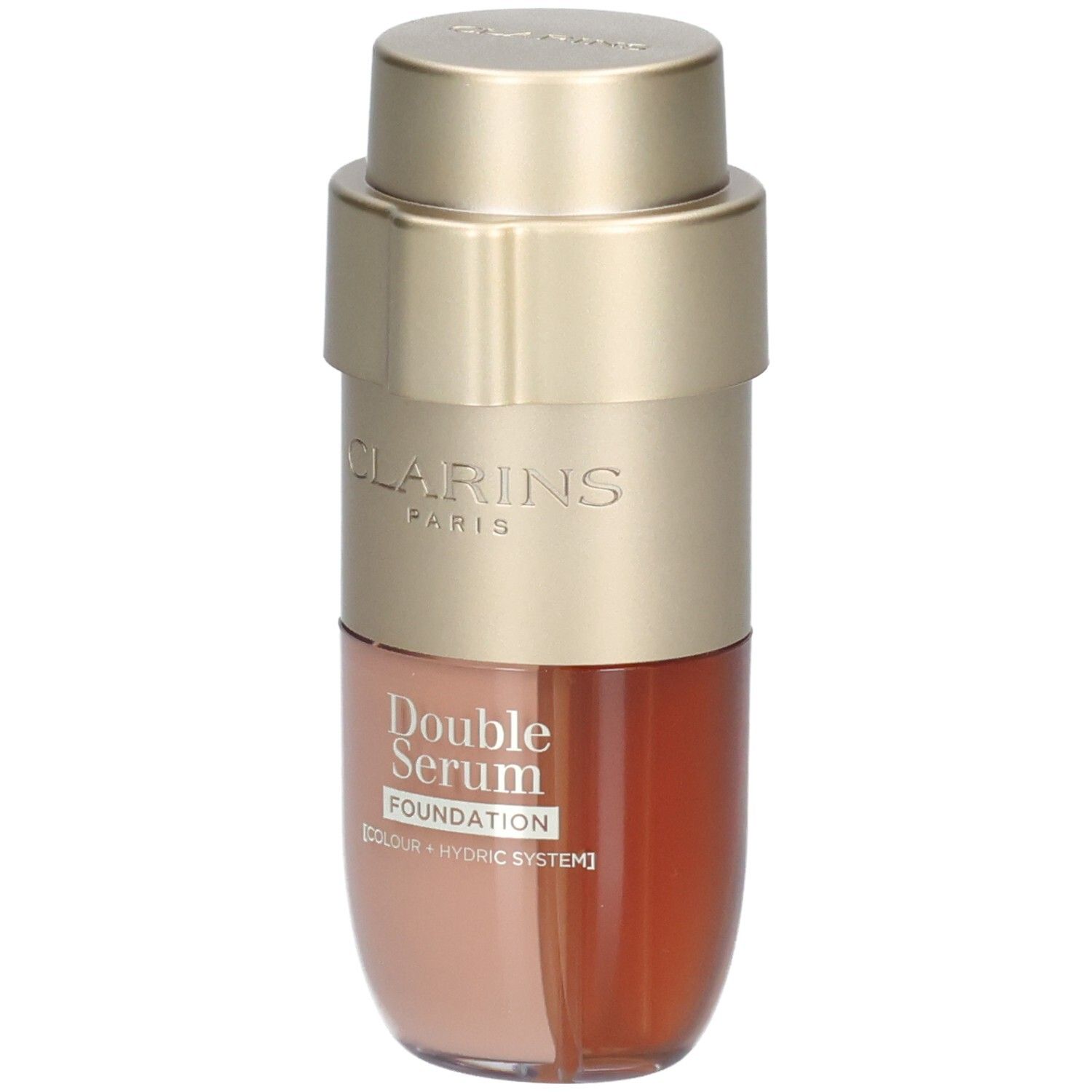 Clarins Double Serum Foundation M1C, goldfarbene Pumpe, goldener Deckel, Flasche mit zwei Kammern.