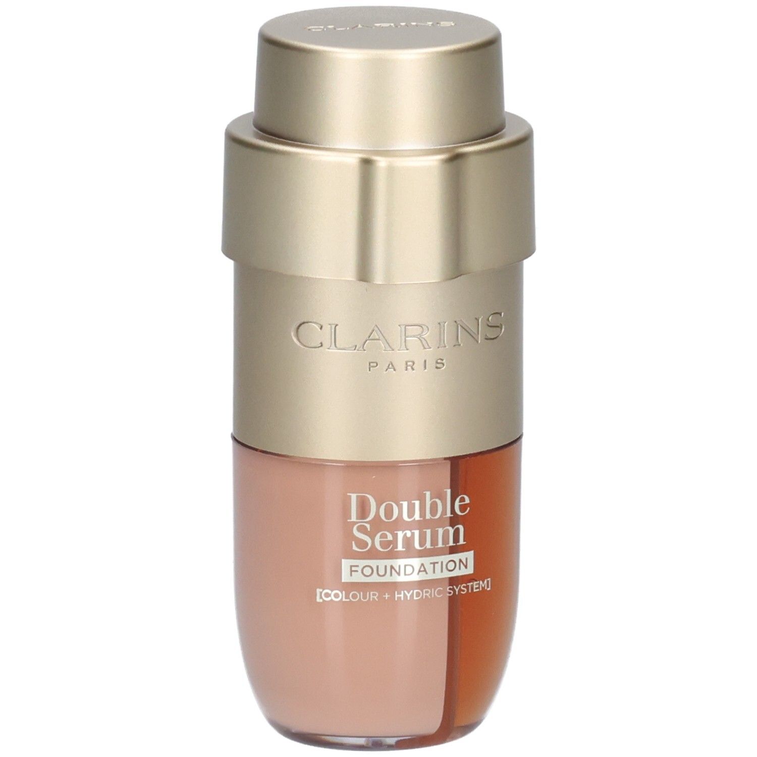 Clarins Double Serum Foundation M1C, goldfarbene Pumpe, goldener Deckel, Flasche mit zwei Kammern.