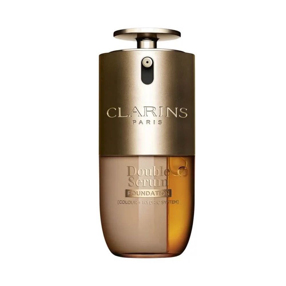 Clarins Double Serum Foundation M1W, distributeur doré avec doubles chambres de liquide.