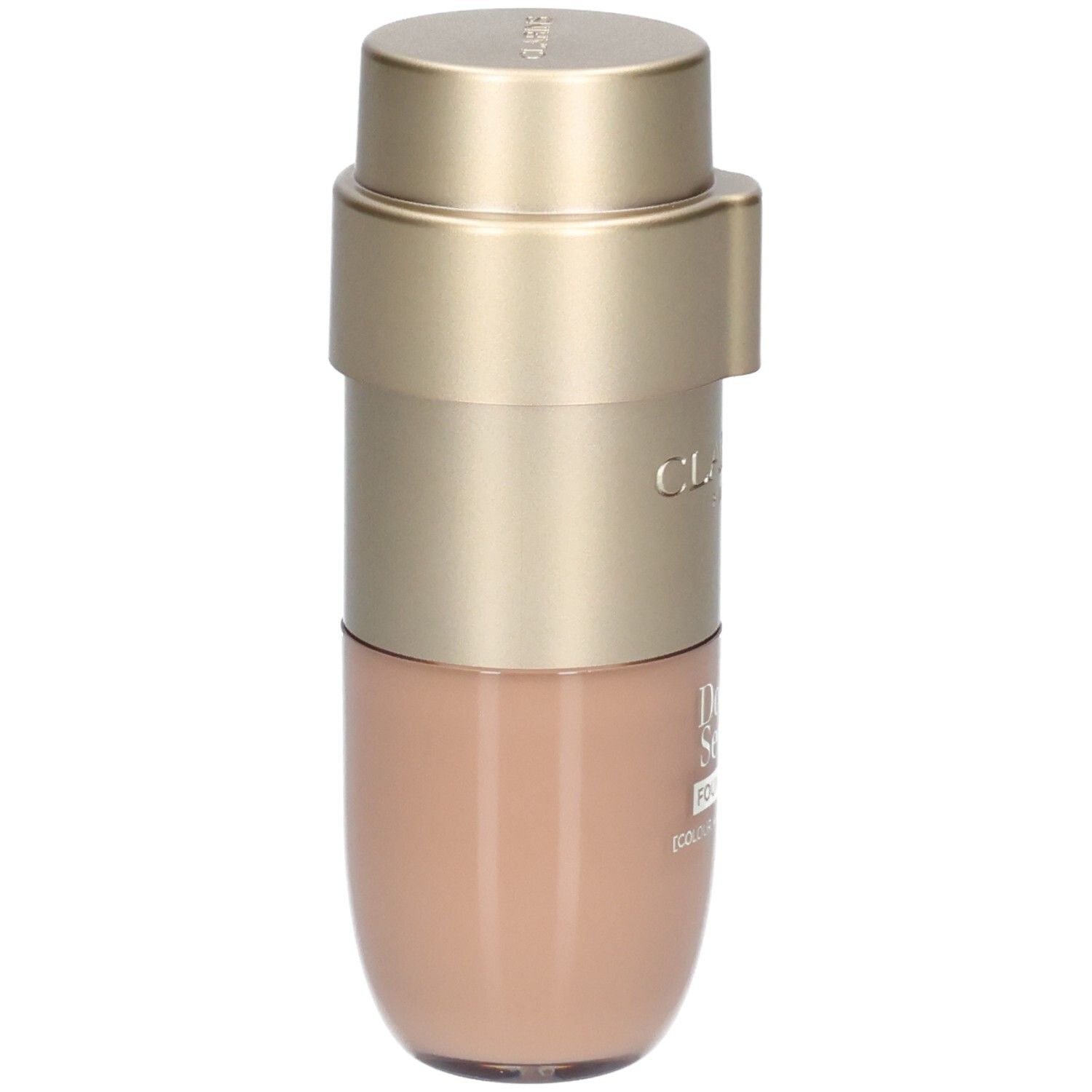 Clarins Double Serum Foundation M1W, beige shade, in gold dispenser.