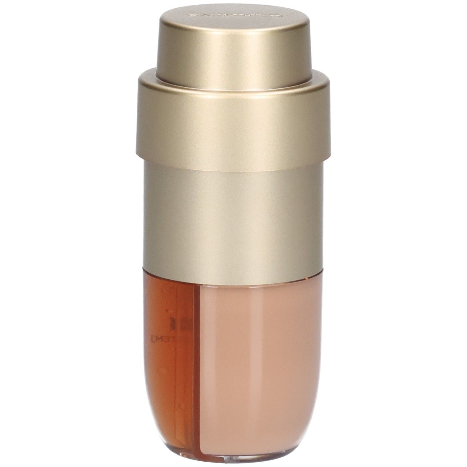 Clarins Double Serum Foundation M1W, split bottle showing beige and amber liquids.