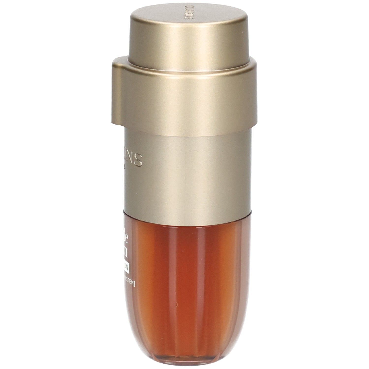 Clarins Double Serum Foundation M1W, amber liquid in a gold dispenser.