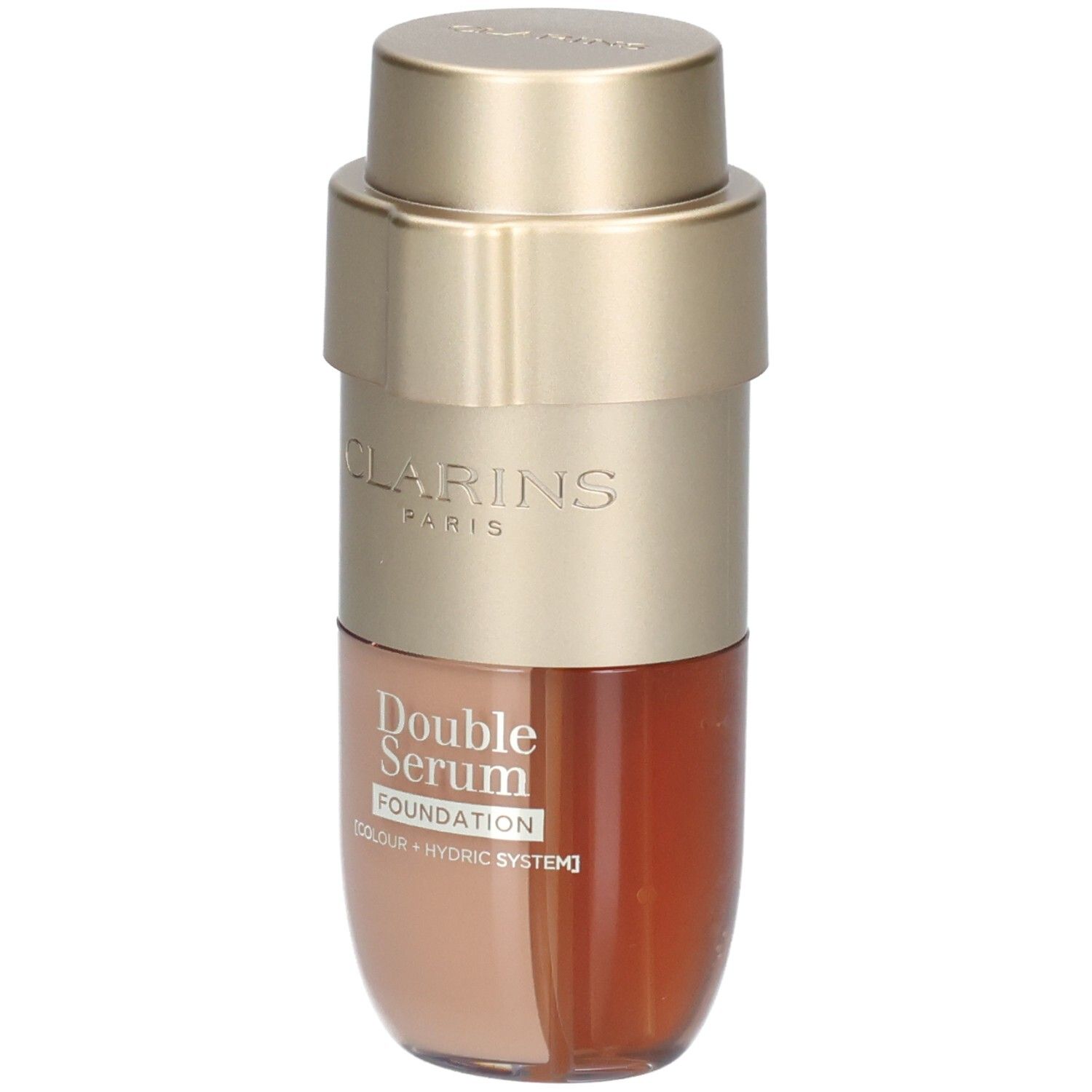 Clarins Double Serum Foundation M1W, gold and beige packaging, front view.