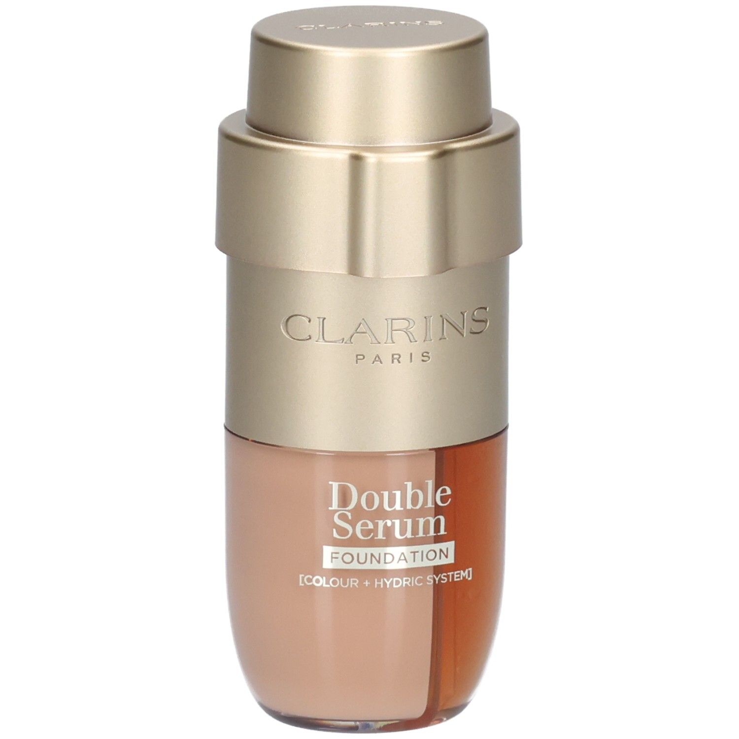 Clarins Double Serum Foundation M1W, gold and beige packaging, angled view.