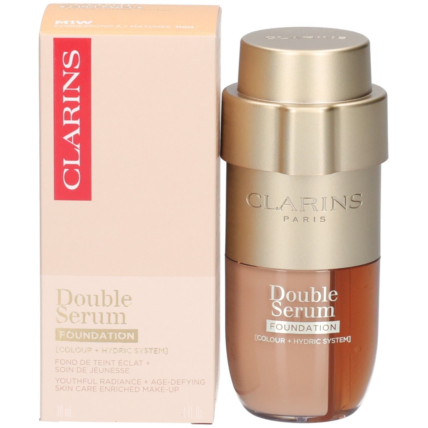 Clarins Double Serum Foundation M1W with its retail box.