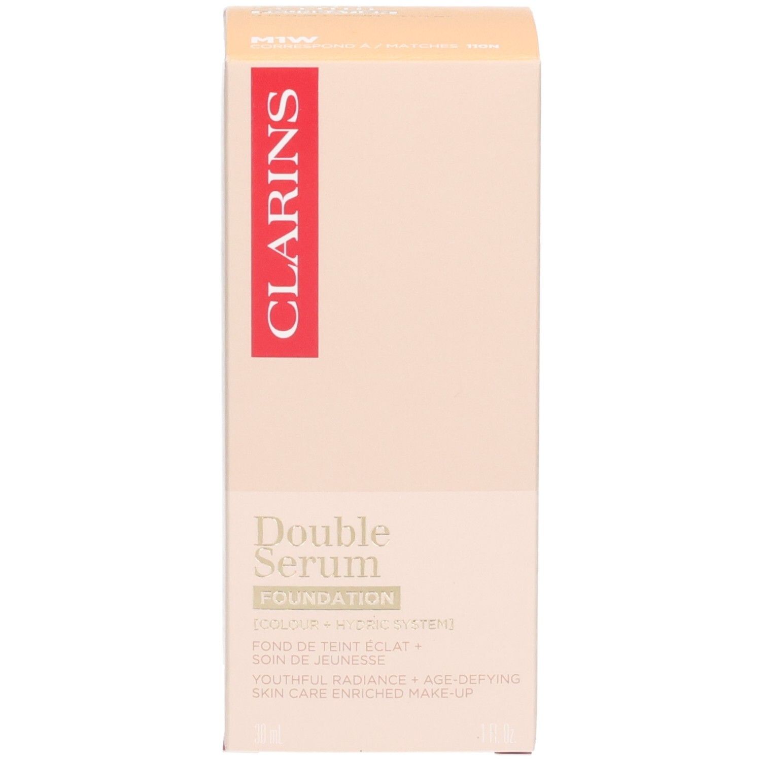 Clarins Double Serum Foundation M1W retail box, showing product details.