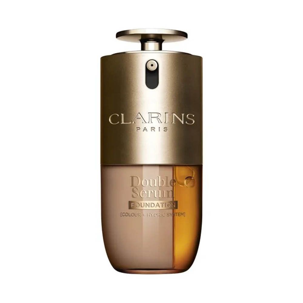 Clarins Double Serum Foundation M2N : flacon pompe et emballage, boîte en carton beige avec inscription dorée.