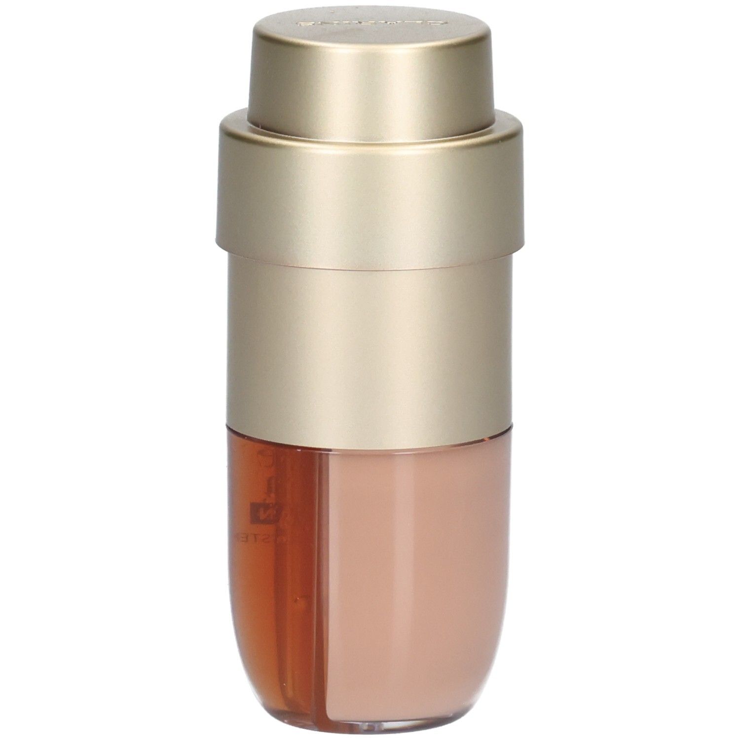 Clarins Double Serum Foundation M2N: Goldfarbener Pumpspender, untere Kammer zeigt beige Foundation und goldbraunes Serum.