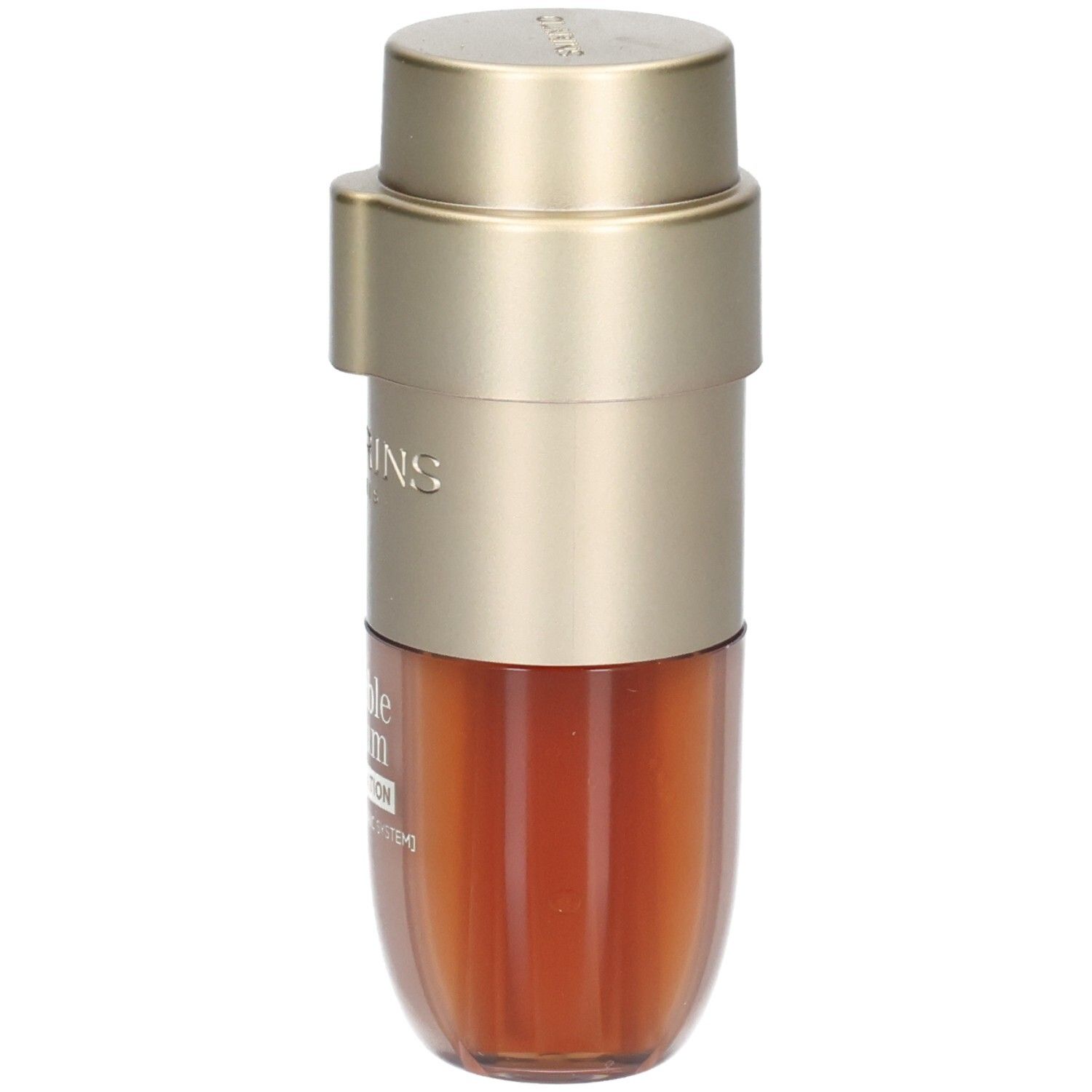 Clarins Double Serum Foundation M2N: Goldfarbener Pumpspender, untere Kammer zeigt goldbraunes Serum.