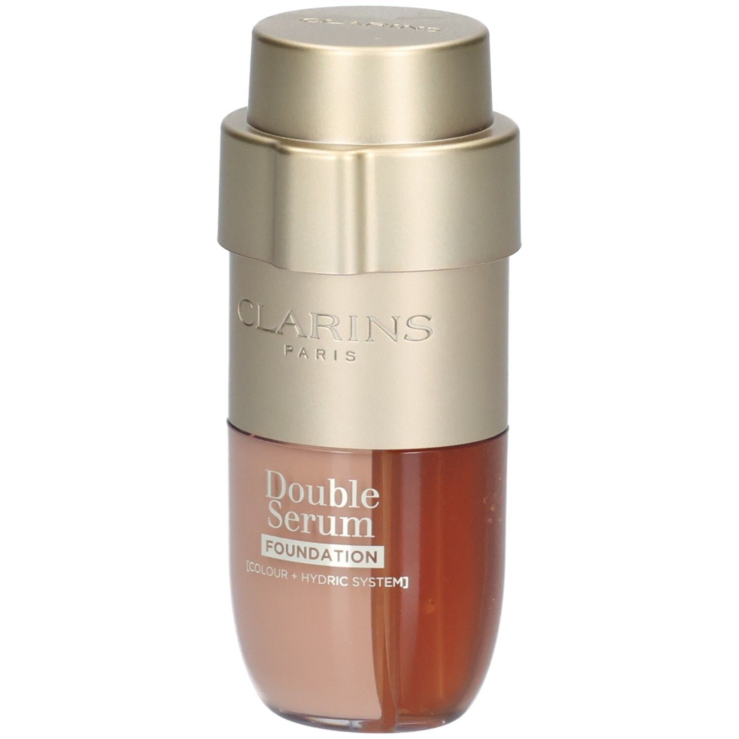Clarins Double Serum Foundation M2N: Goldfarbener Pumpspender mit zwei Kammern, eine mit beiger Foundation, die andere mit goldbraunem Serum.