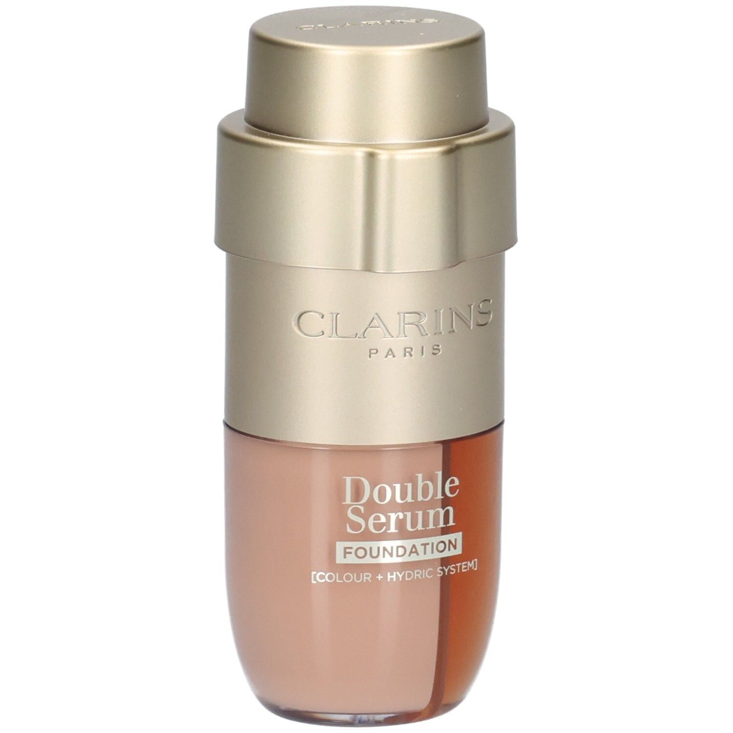 Clarins Double Serum Foundation M2N: Goldfarbener Pumpspender mit beigem Foundation-Inhalt in der unteren Kammer.