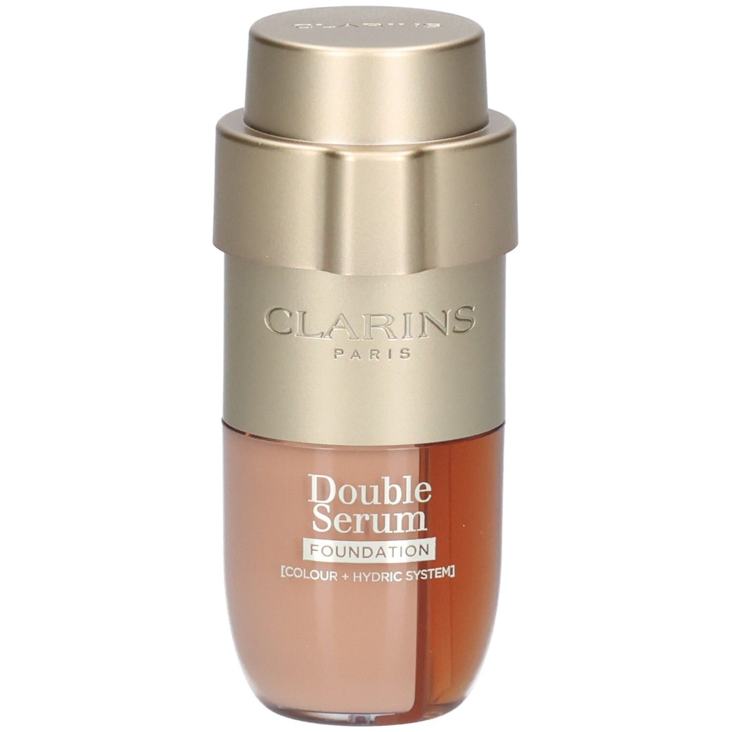 Clarins Double Serum Foundation Flasche mit goldfarbenem Spender und zwei Kammern für Foundation und Serum.