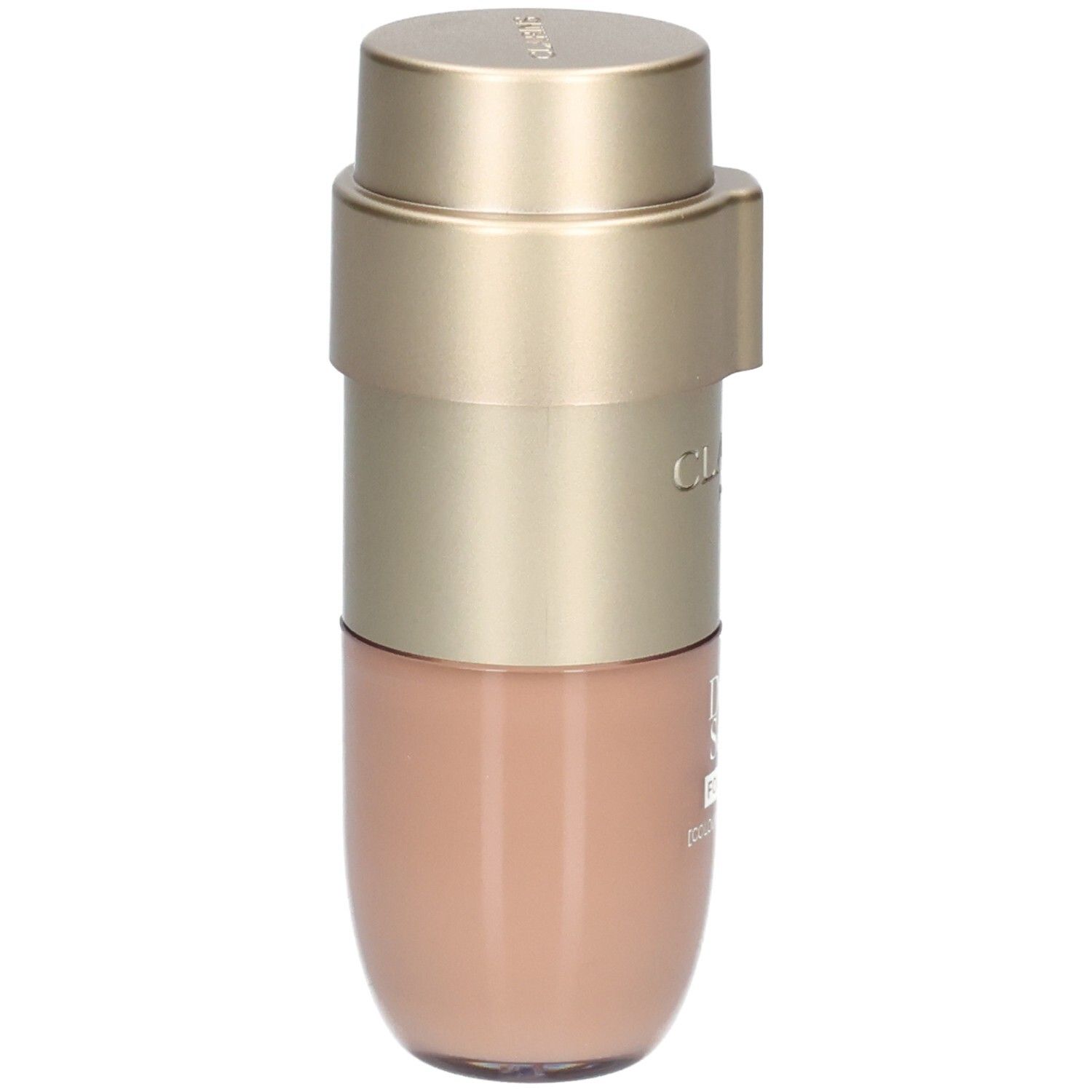 Clarins Double Serum Foundation Flasche mit goldfarbenem Spender, gefüllt mit hellem Foundation-Ton.