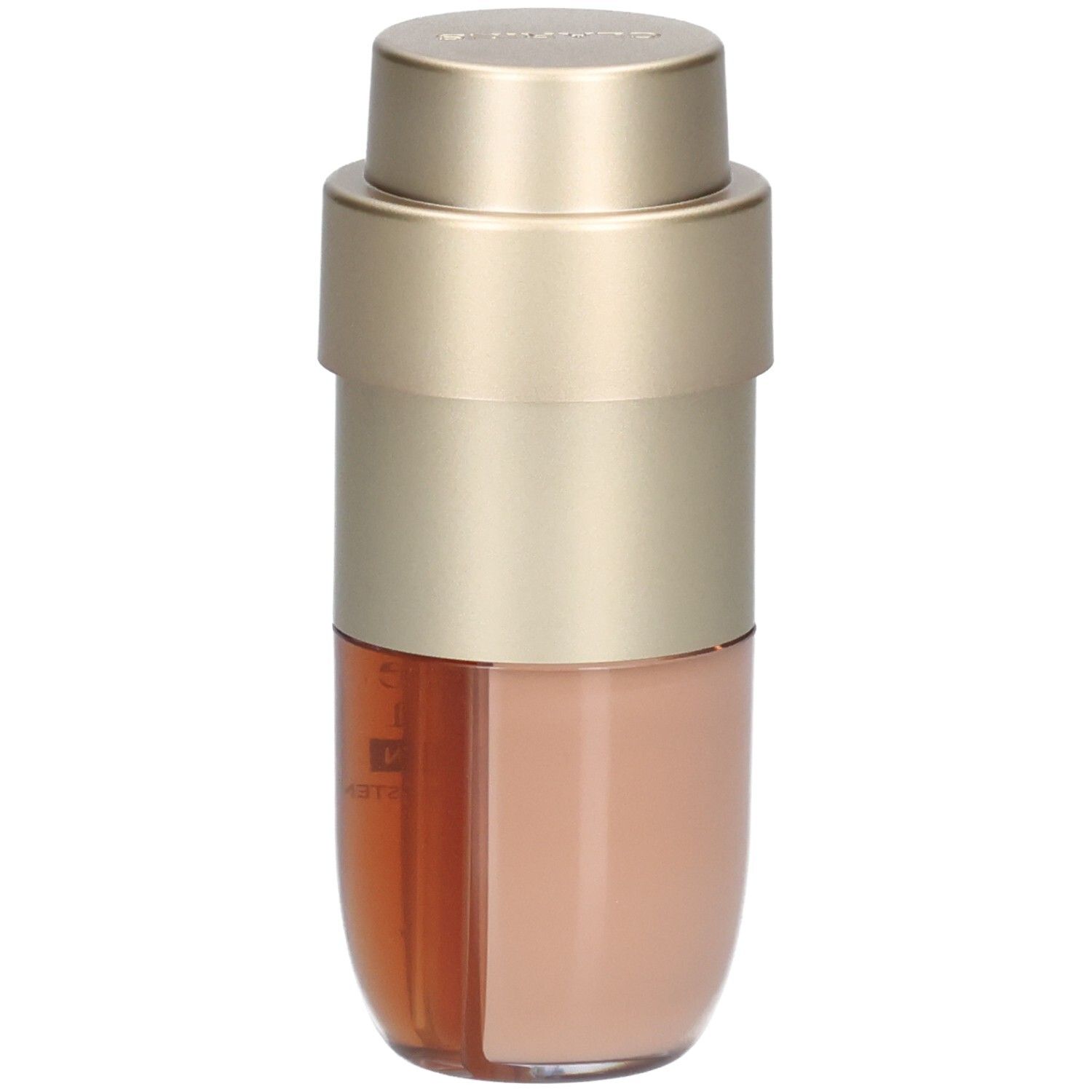 Clarins Double Serum Foundation Flasche mit goldfarbenem Spender, zeigt beide Kammern mit Foundation und Serum.