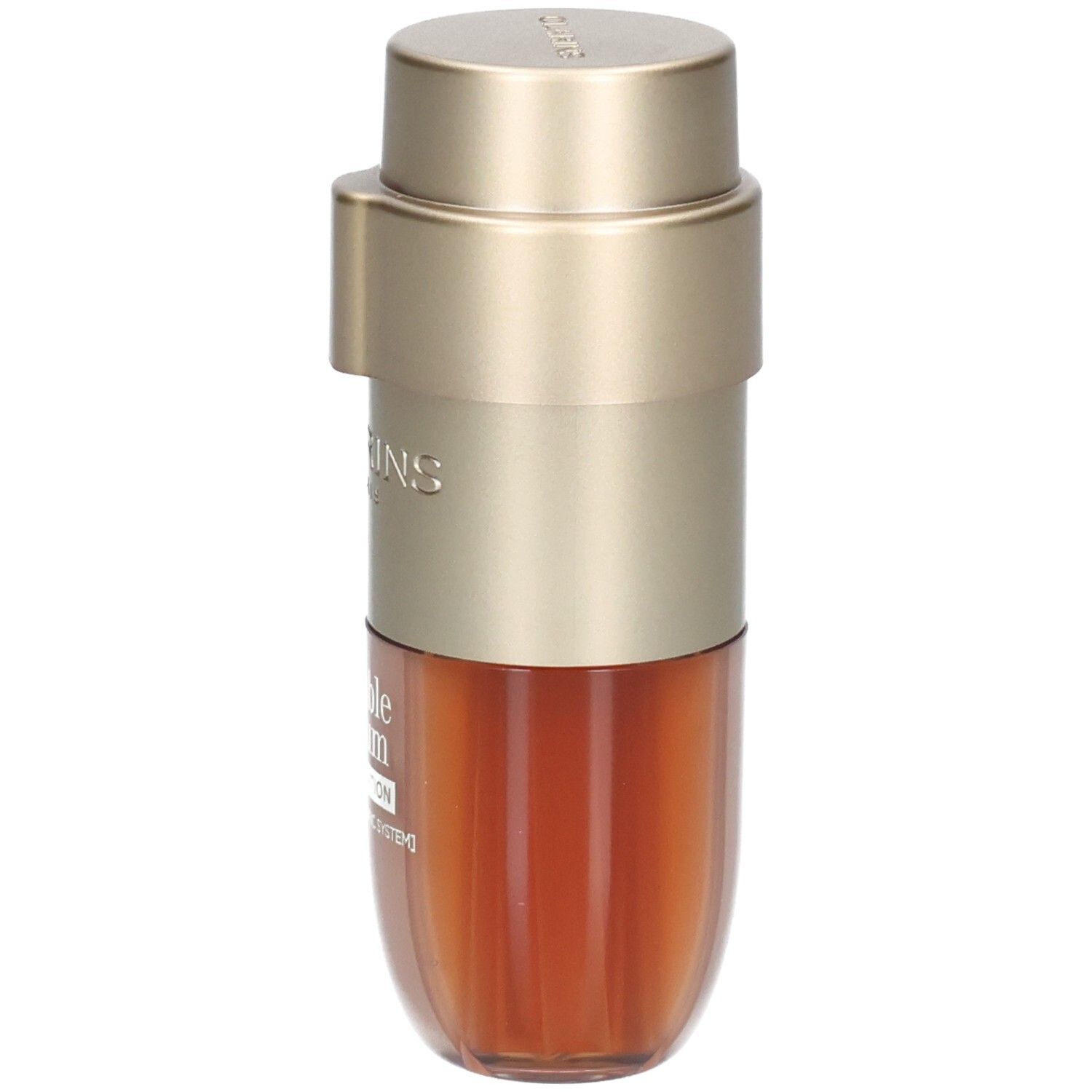 Clarins Double Serum Foundation Flasche mit goldfarbenem Spender, zeigt die Kammer mit dem Serum.