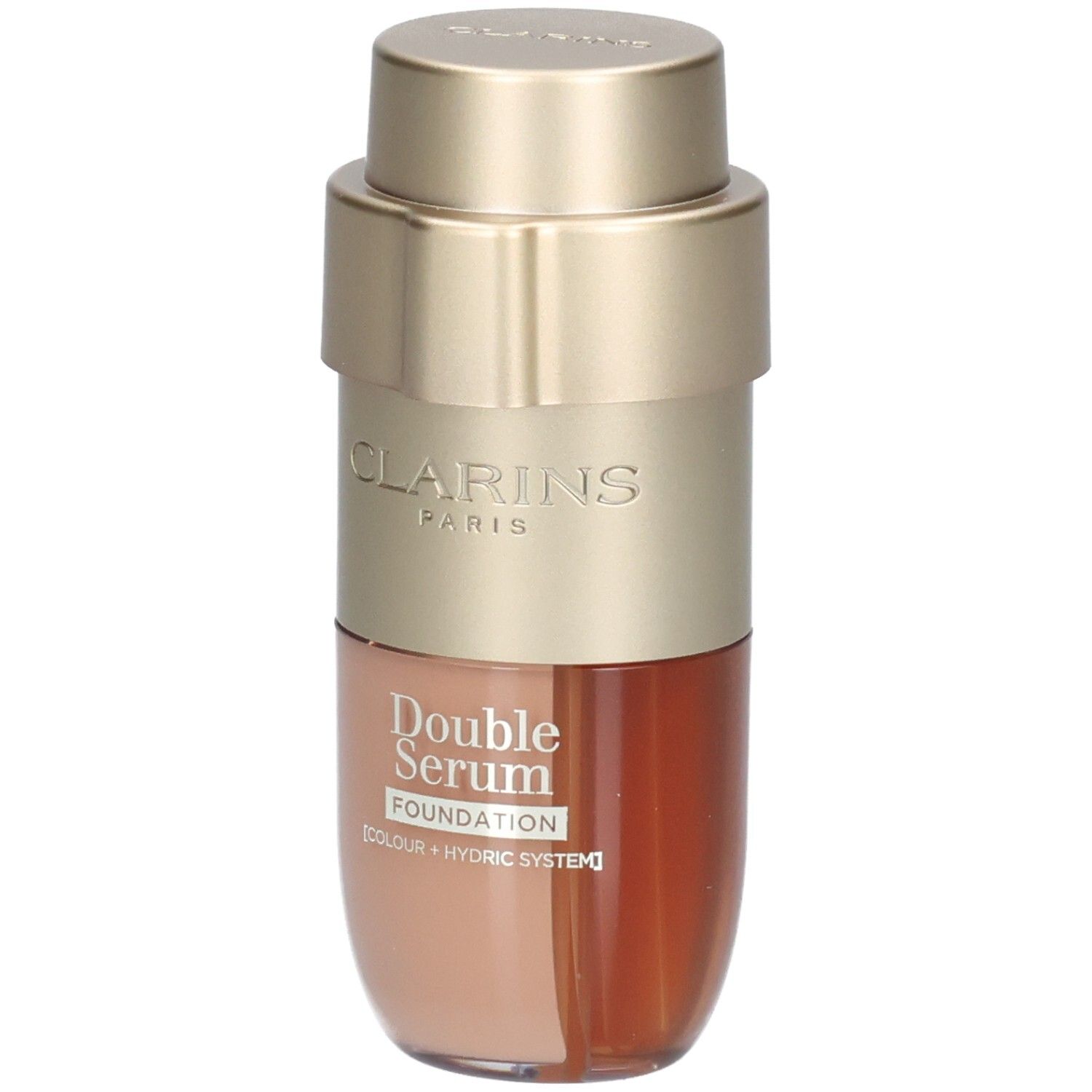 Clarins Double Serum Foundation Flasche mit goldfarbenem Spender, zeigt beide Kammern mit Foundation und Serum.