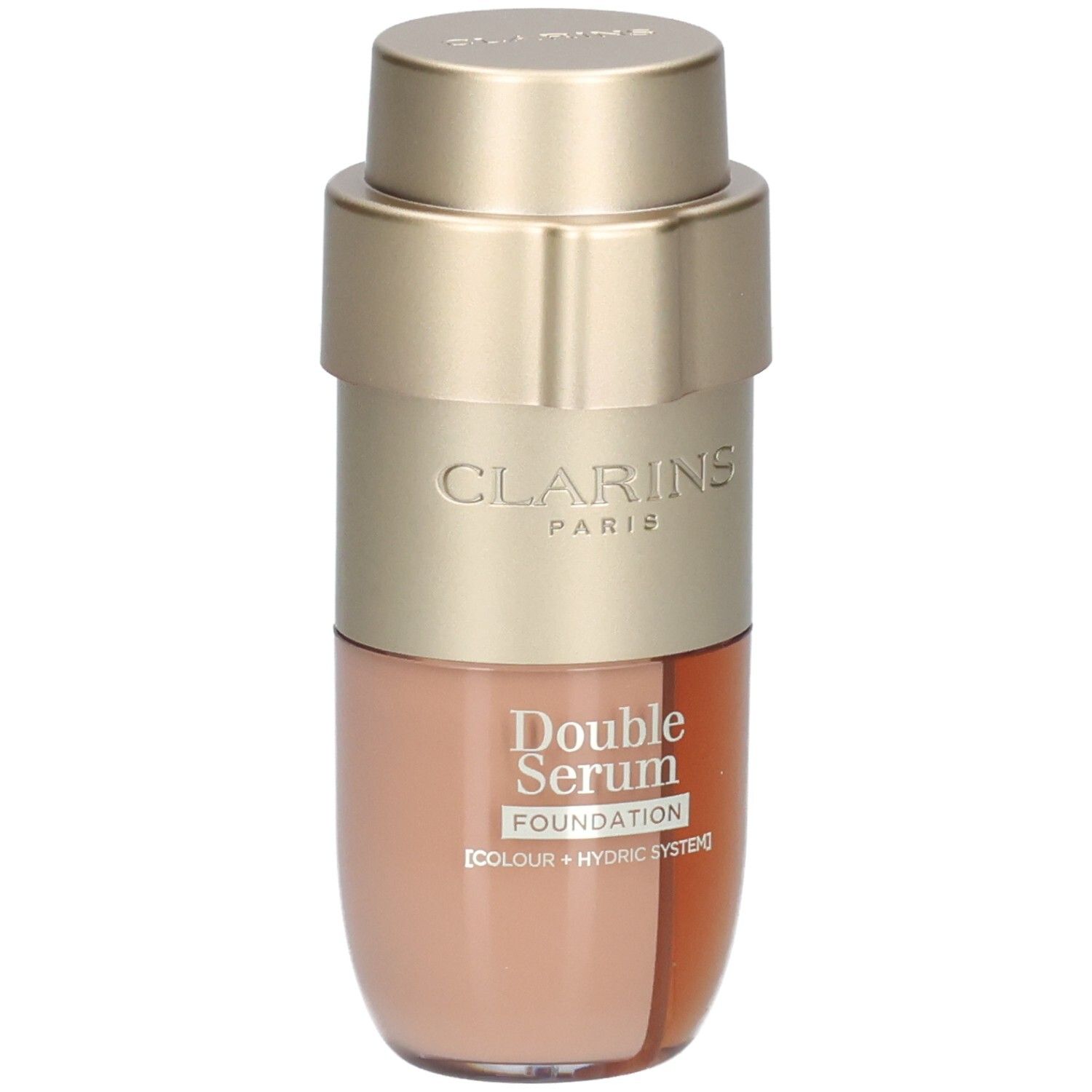 Clarins Double Serum Foundation Flasche mit goldfarbenem Spender, zeigt die Kammer mit hellem Foundation-Ton.