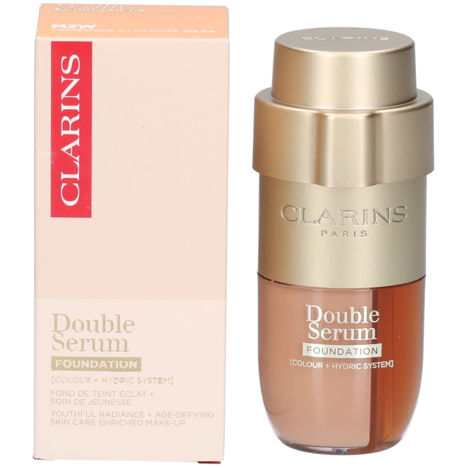 Clarins Double Serum Foundation Flasche und Verpackung mit goldfarbenem Spender und Produktinformationen.