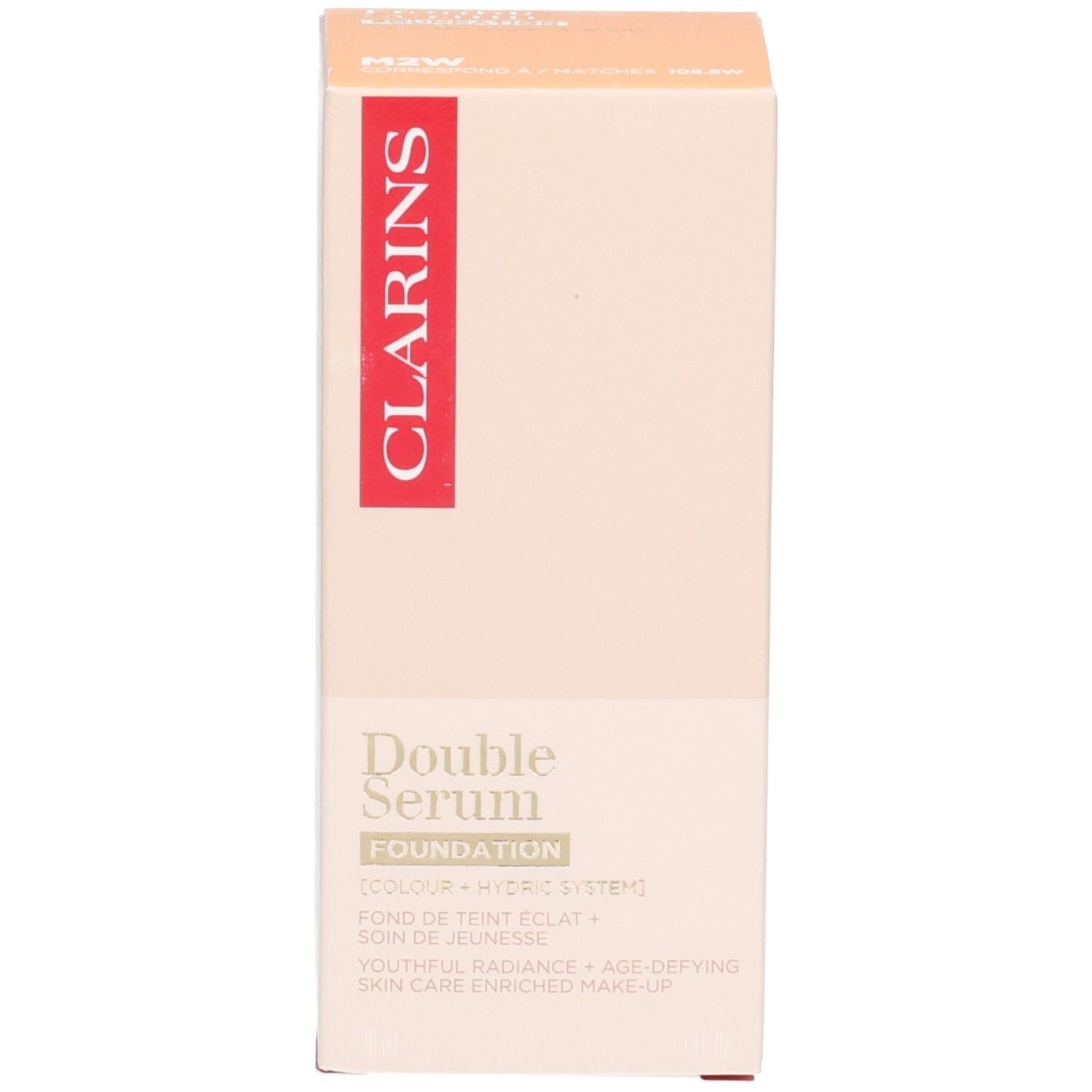 Clarins Double Serum Foundation Verpackung mit Produktnamen und Informationen auf der Vorderseite.