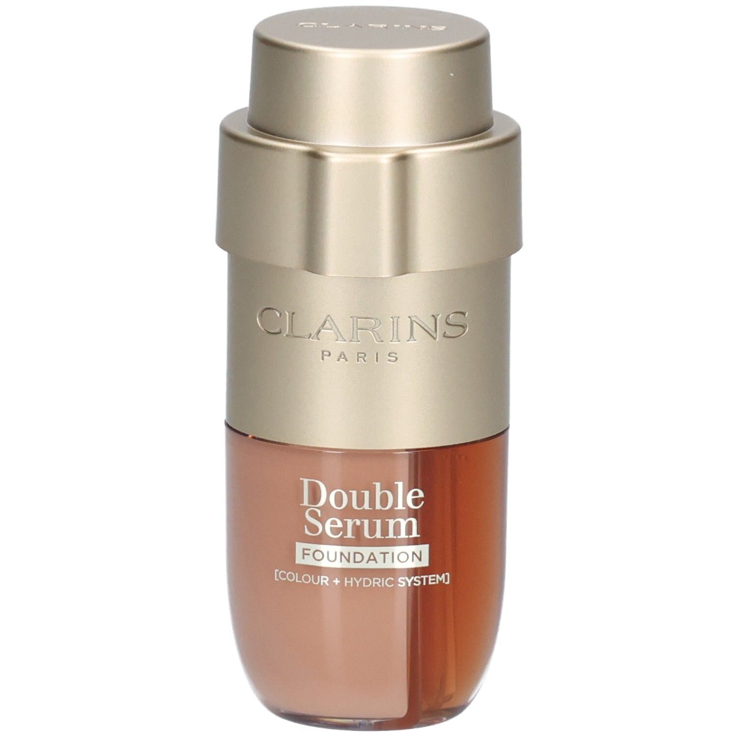 Clarins Double Serum Foundation M3C in einem goldfarbenen Flakon mit zwei Kammern.