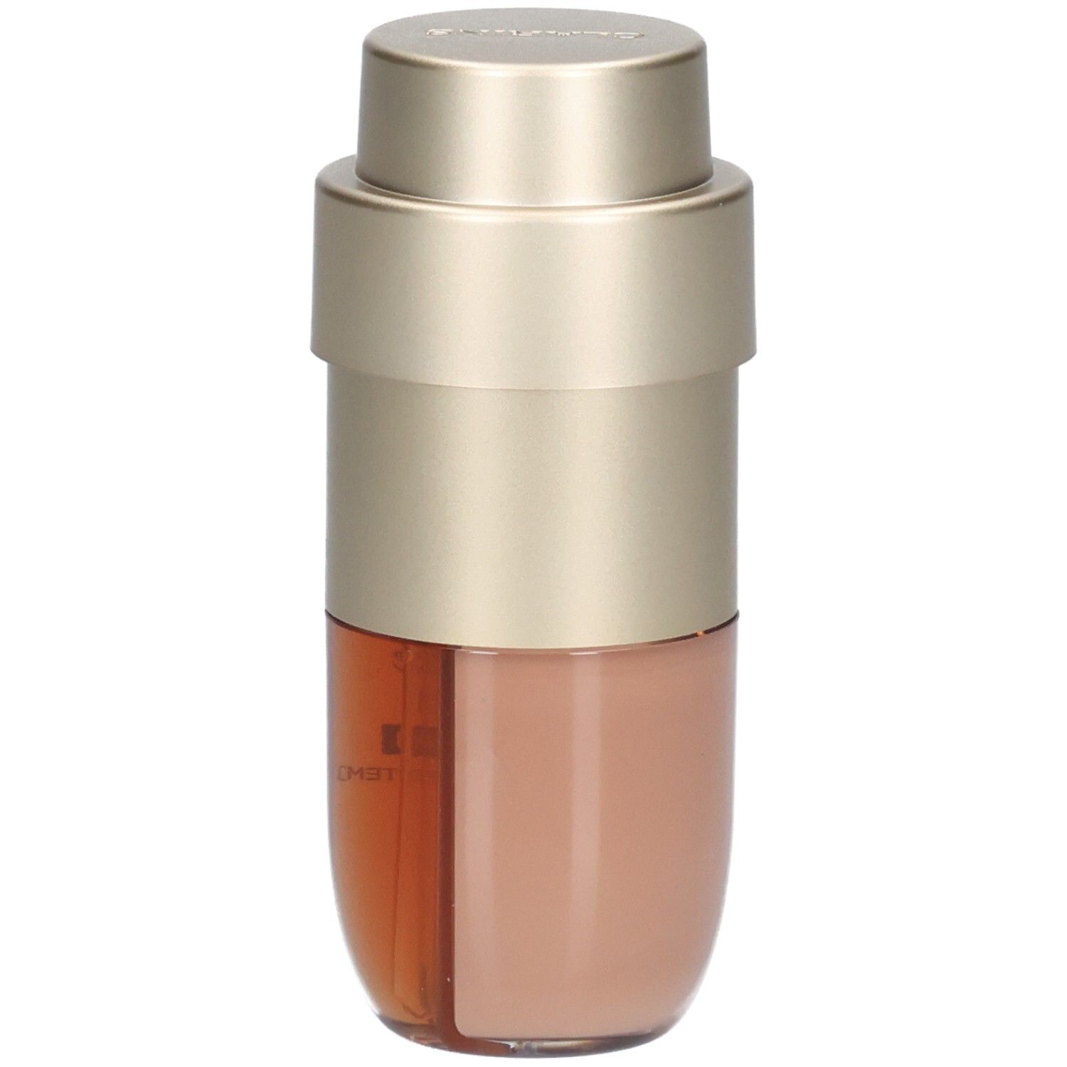 Clarins Double Serum Foundation M3C, eine Kammer mit goldfarbener Foundation, die andere mit Serum.