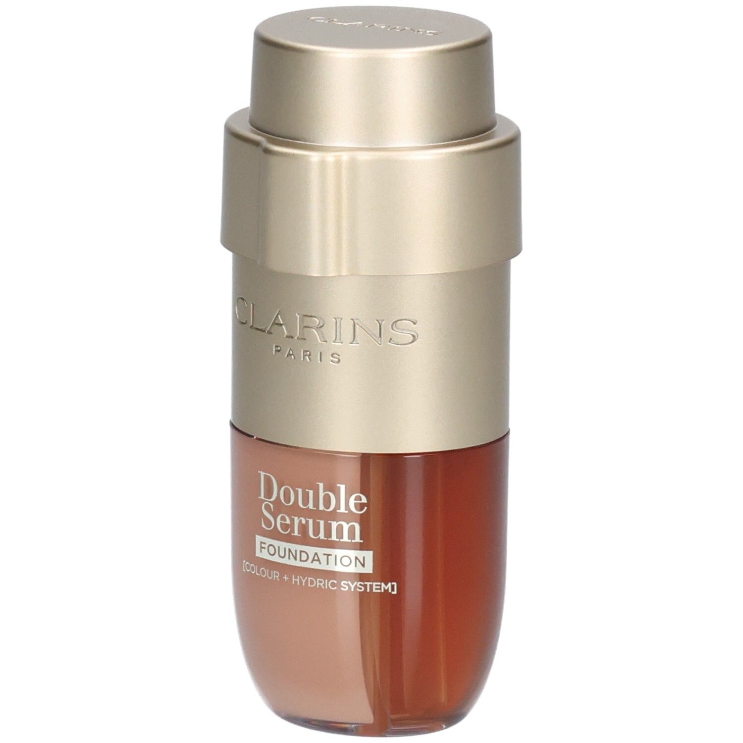 Clarins Double Serum Foundation M3C, goldfarbener Flakon mit zwei Kammern, Vorderansicht.