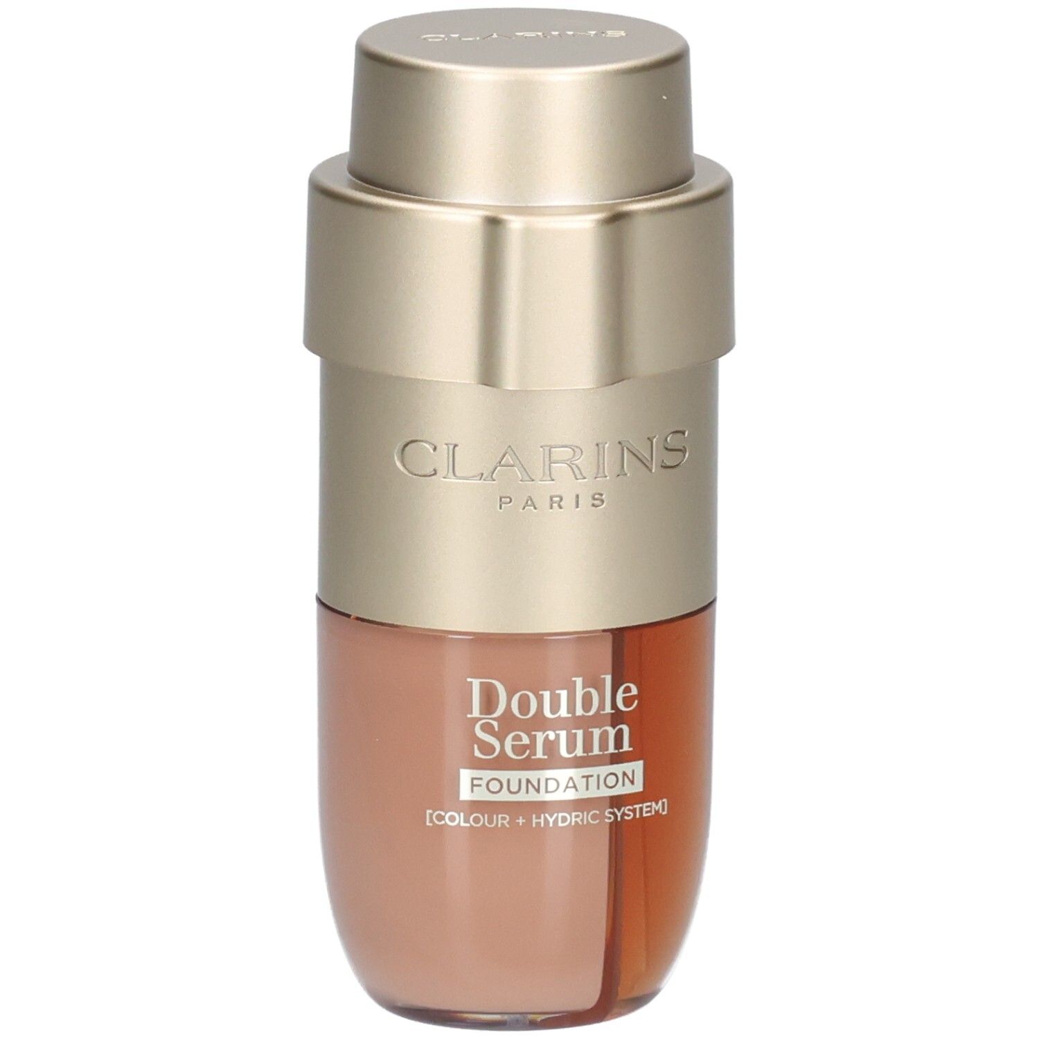 Clarins Double Serum Foundation M3C, goldfarbener Flakon mit zwei Kammern, leicht schräg.