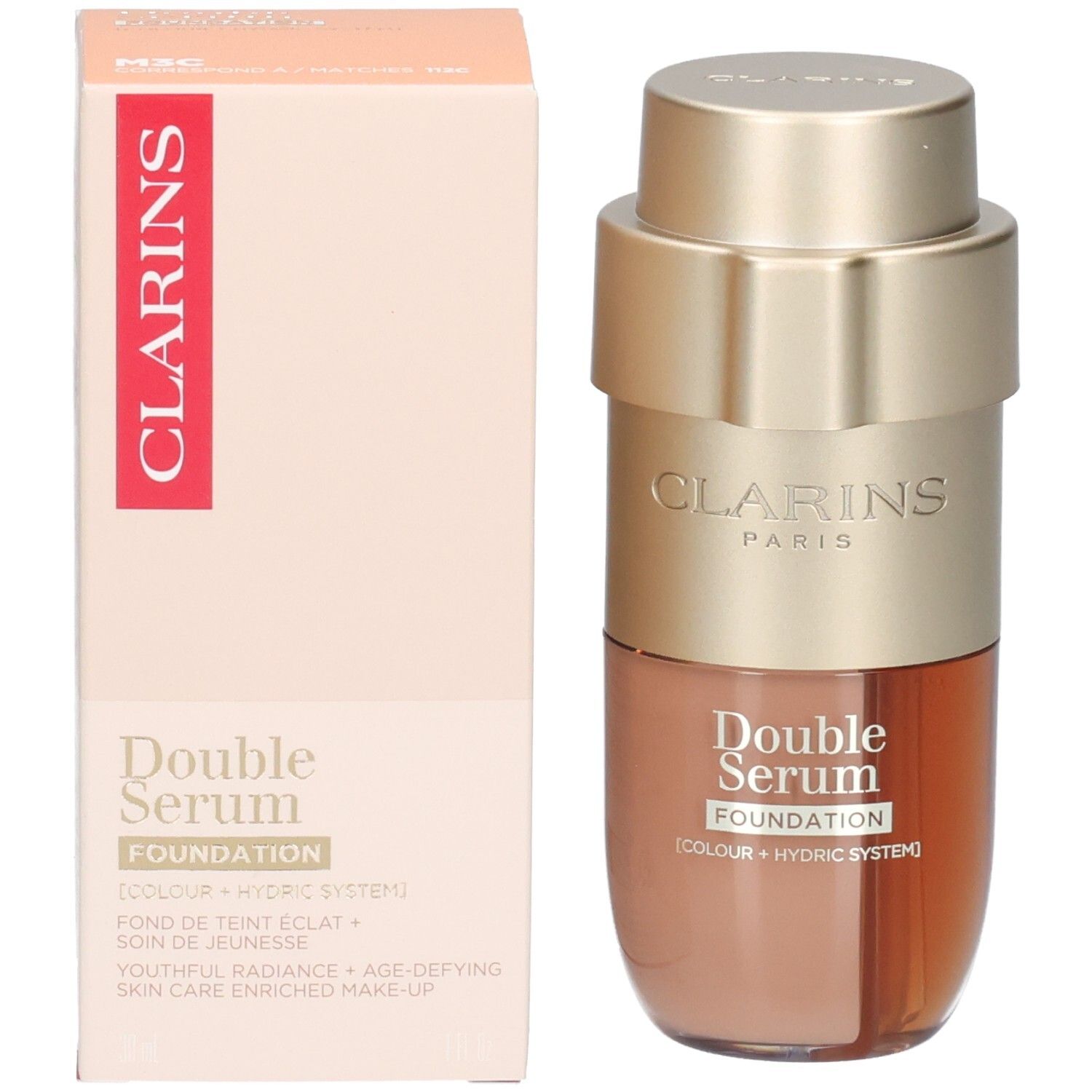 Clarins Double Serum Foundation M3C und seine Verpackung, goldfarbener Flakon.