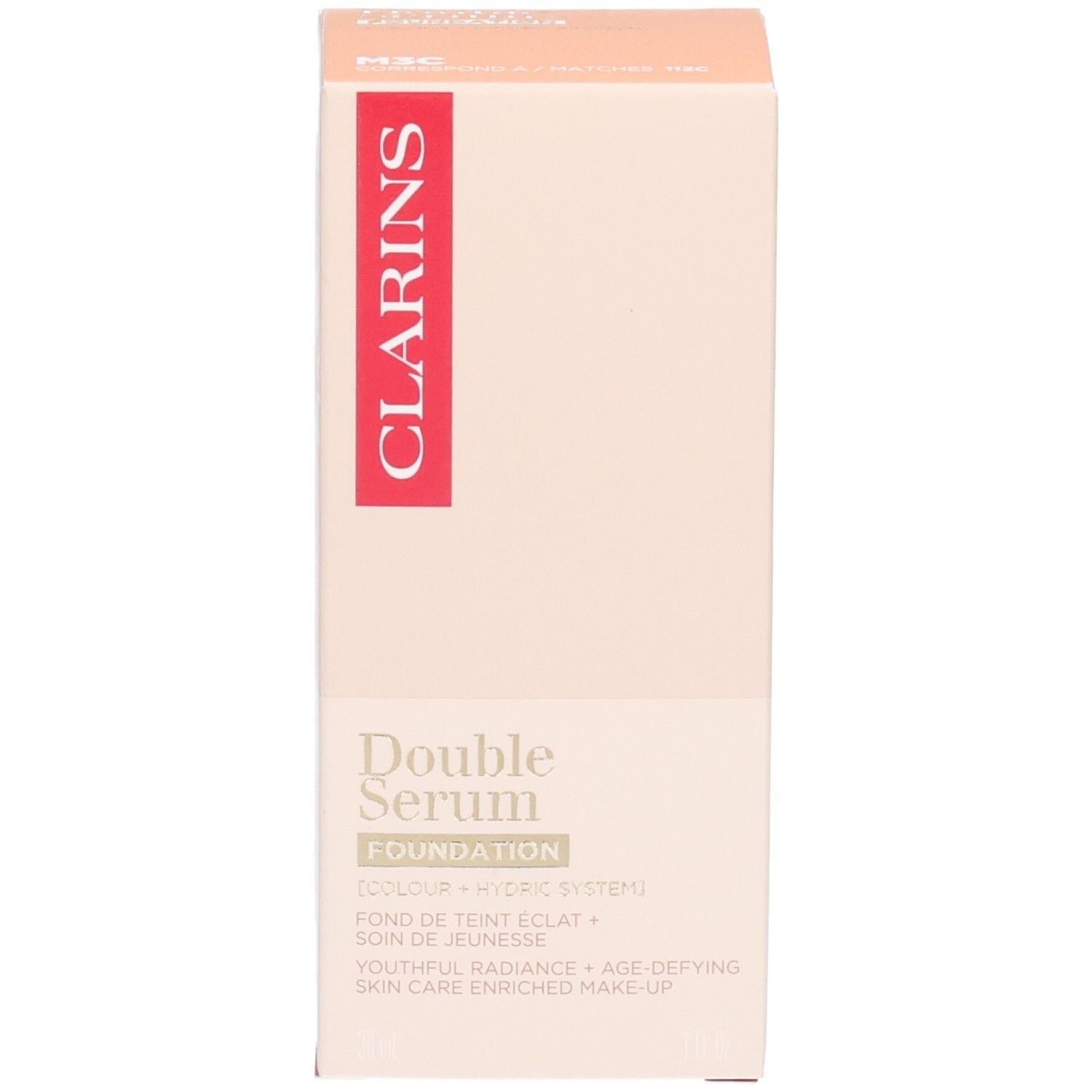 Clarins Double Serum Foundation M3C Verpackung, beige mit rotem Streifen und goldener Schrift.