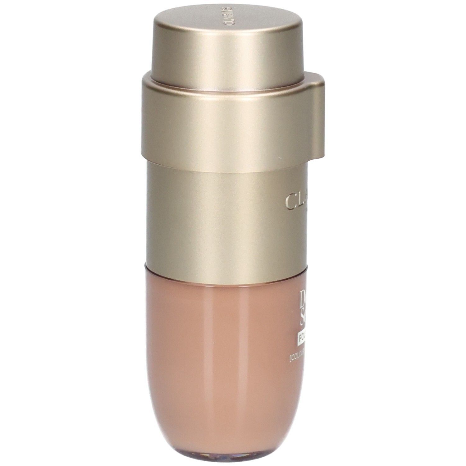 Doppelseitige Foundation-Flasche mit goldfarbenem Spender und beigem Inhalt.