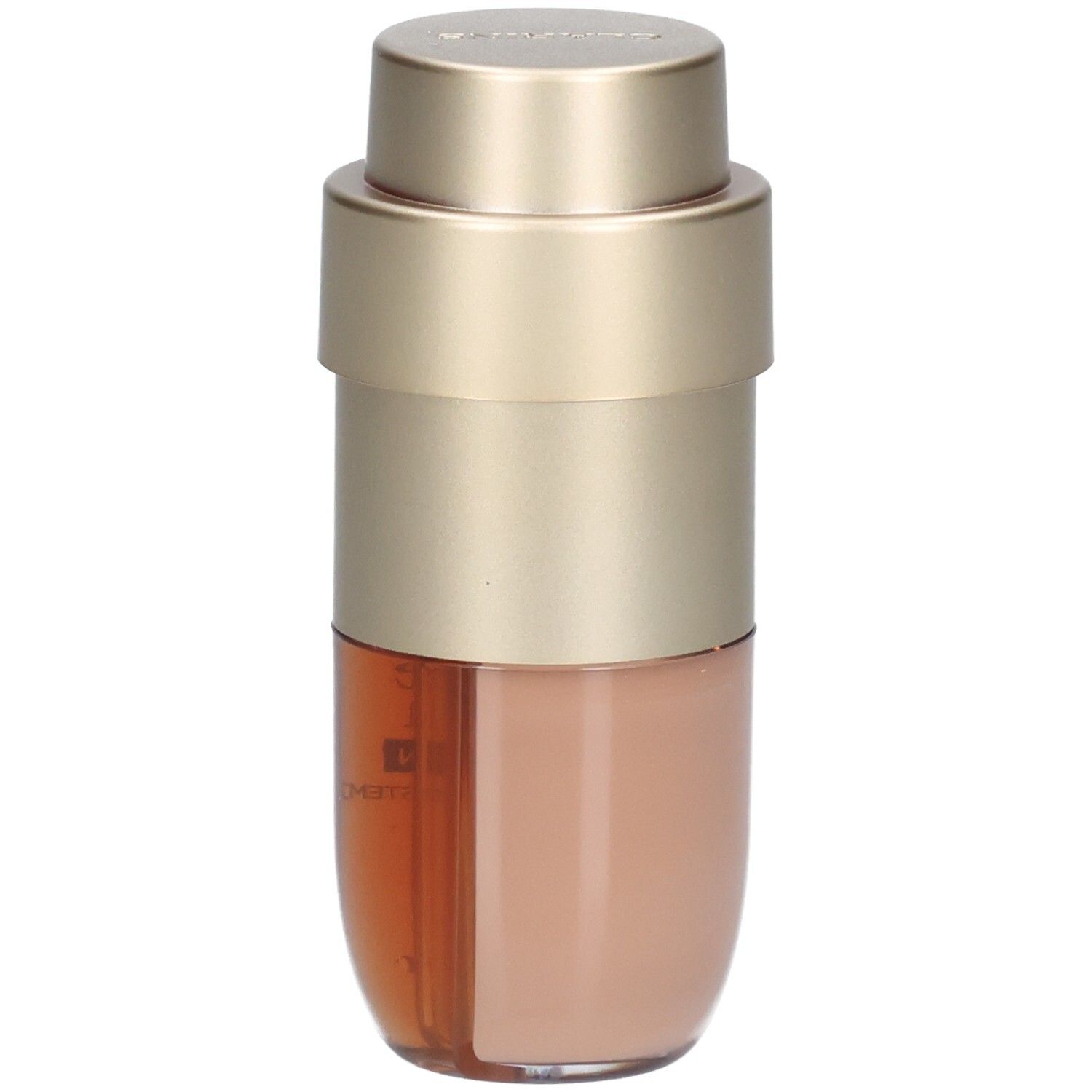 Doppelseitige Foundation-Flasche mit goldfarbenem Spender, beige und braunem Inhalt.