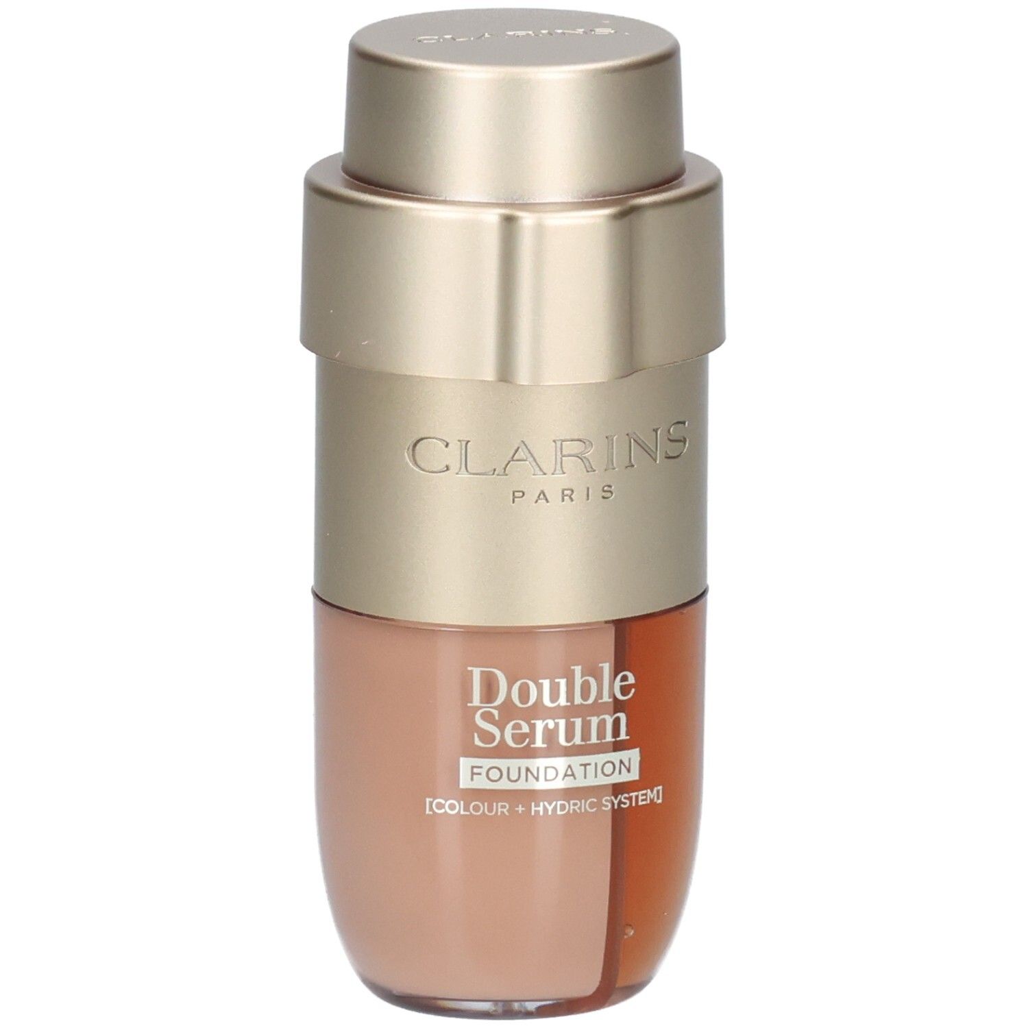 Clarins Double Serum Foundation Flasche mit goldfarbenem Spender und zweifarbigem Inhalt.