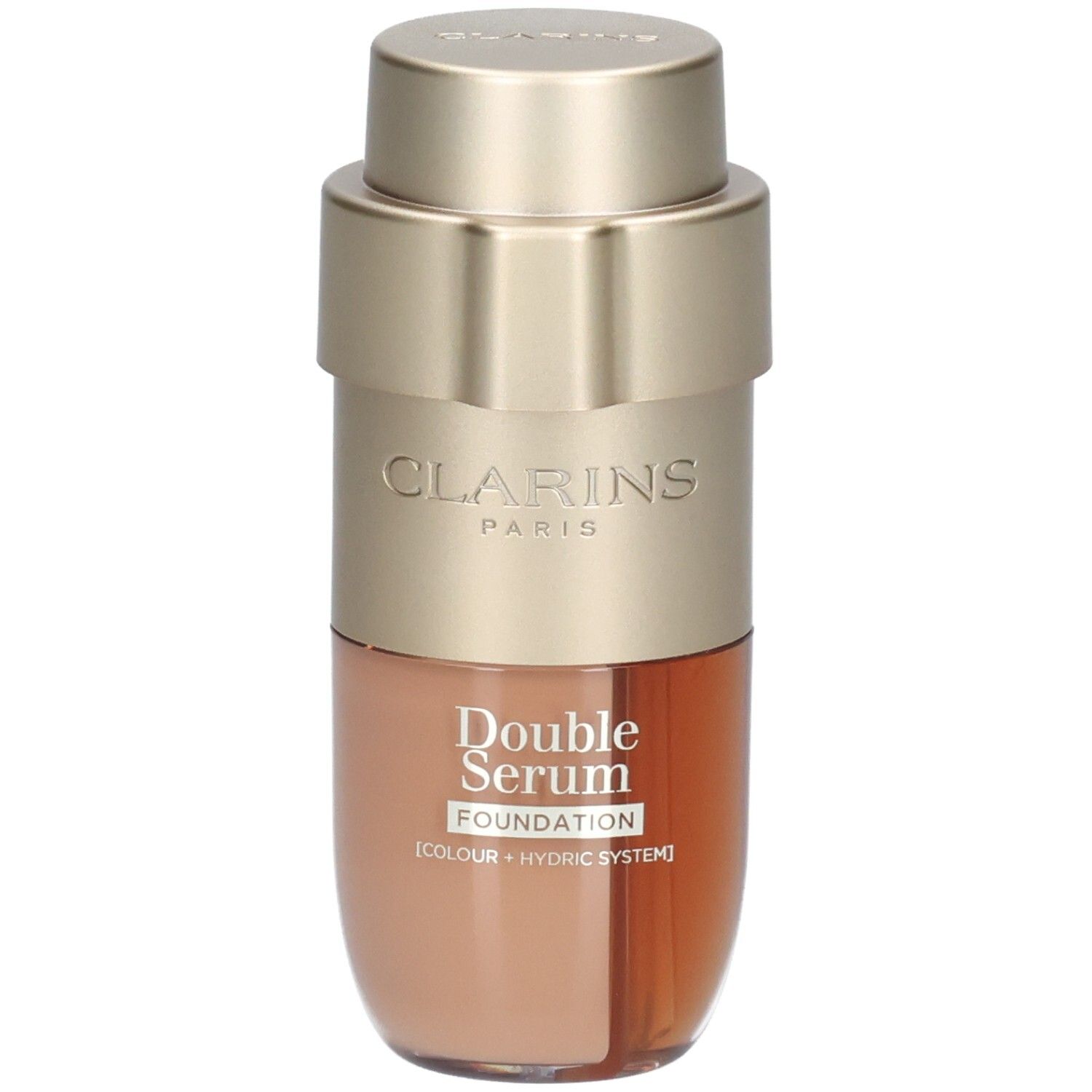 Clarins Double Serum Foundation M4C. Goldfarbener Pumpspender mit zwei Kammern, eine für die Foundation, eine für das Serum.
