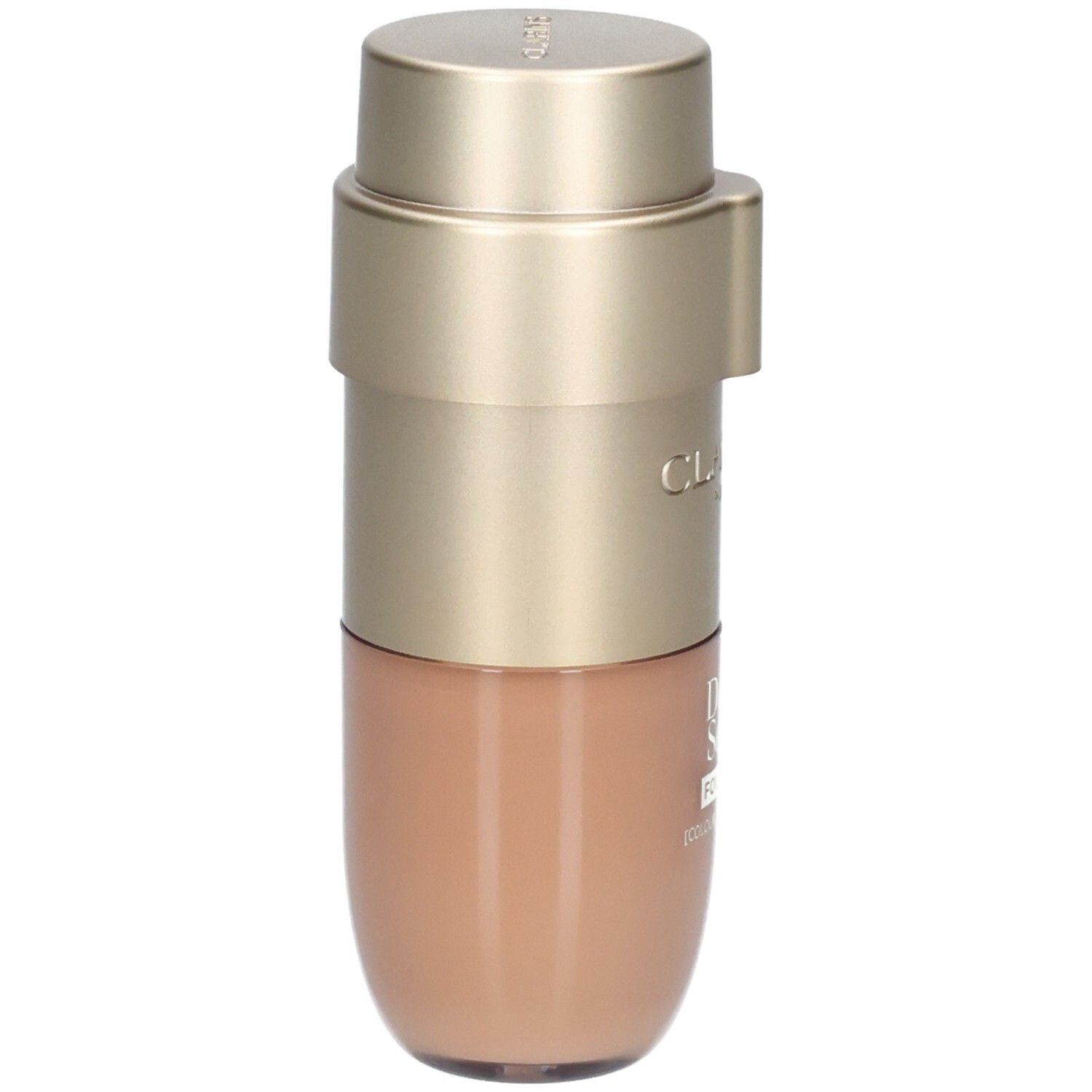 Clarins Double Serum Foundation M4C. Goldfarbener Pumpspender mit zwei Kammern, eine für die Foundation, eine für das Serum.