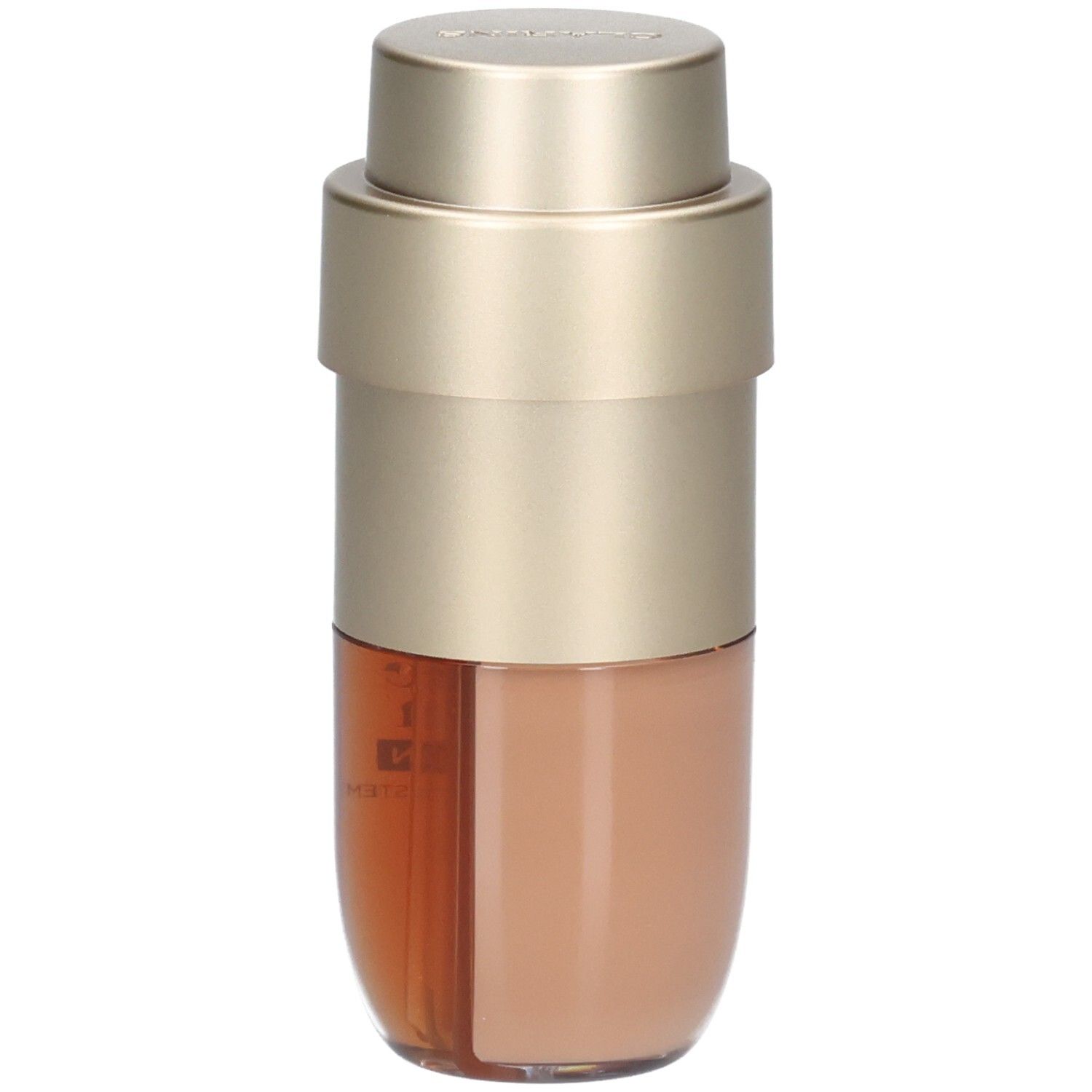 Clarins Double Serum Foundation M4C. Goldfarbener Pumpspender mit zwei Kammern, eine für die Foundation, eine für das Serum.