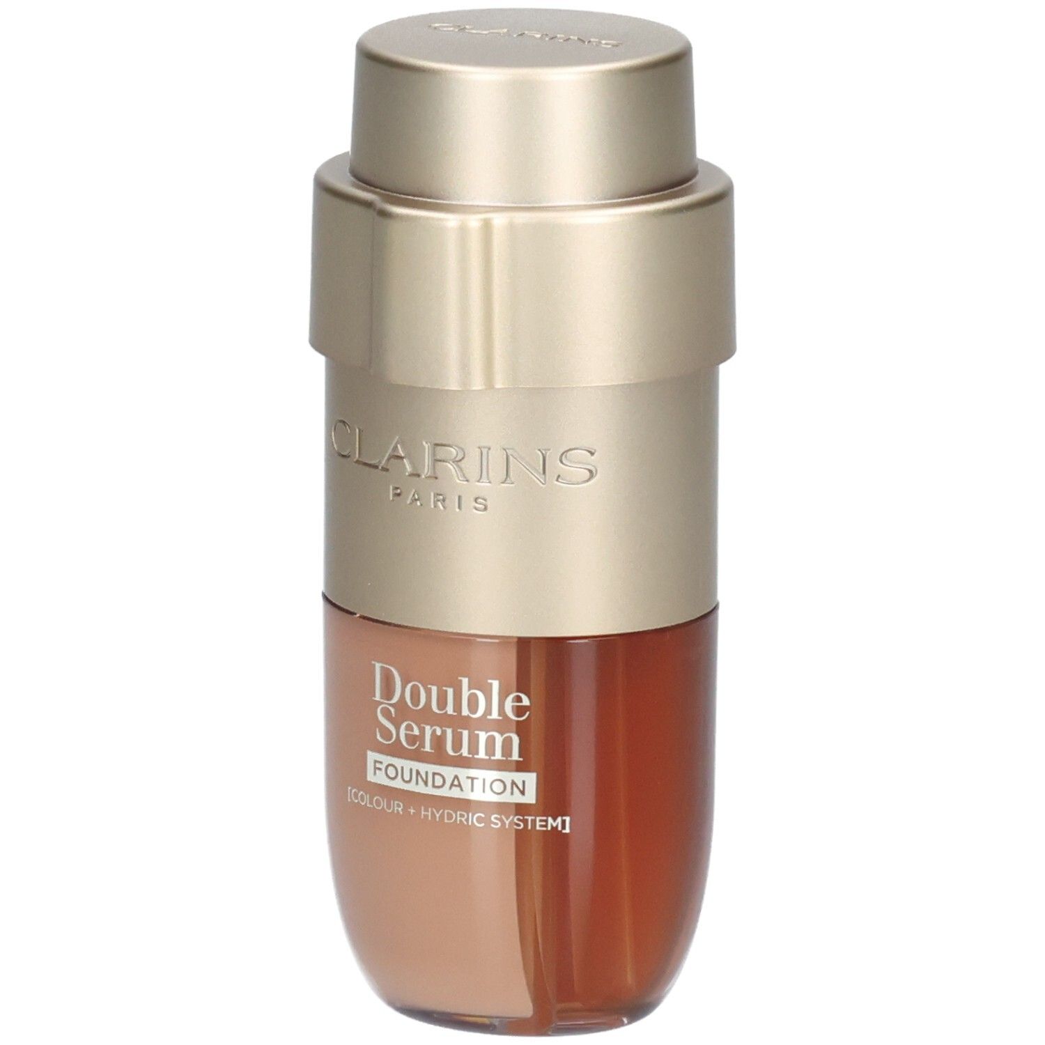 Clarins Double Serum Foundation M4C. Goldfarbener Pumpspender mit zwei Kammern, eine für die Foundation, eine für das Serum.