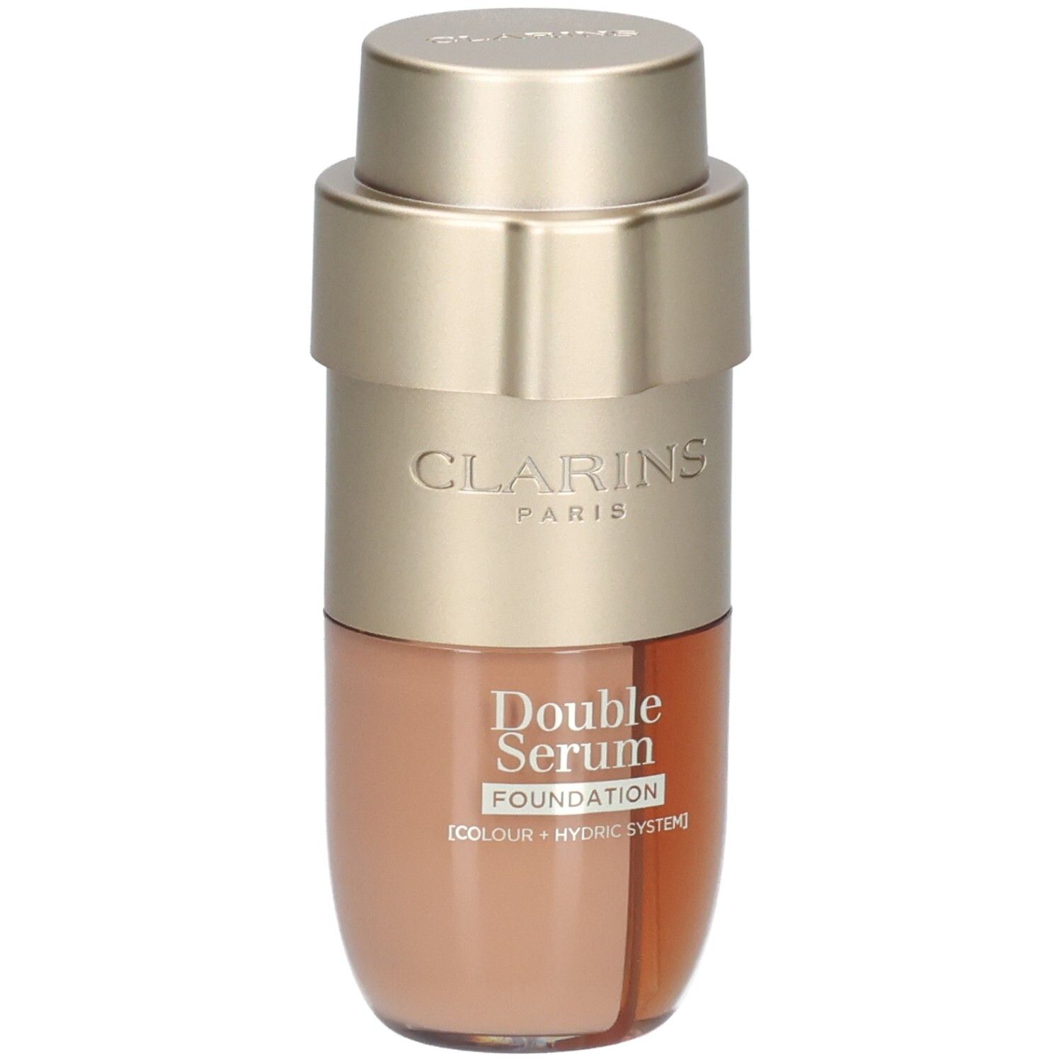 Clarins Double Serum Foundation M4C. Goldfarbener Pumpspender mit zwei Kammern, eine für die Foundation, eine für das Serum.