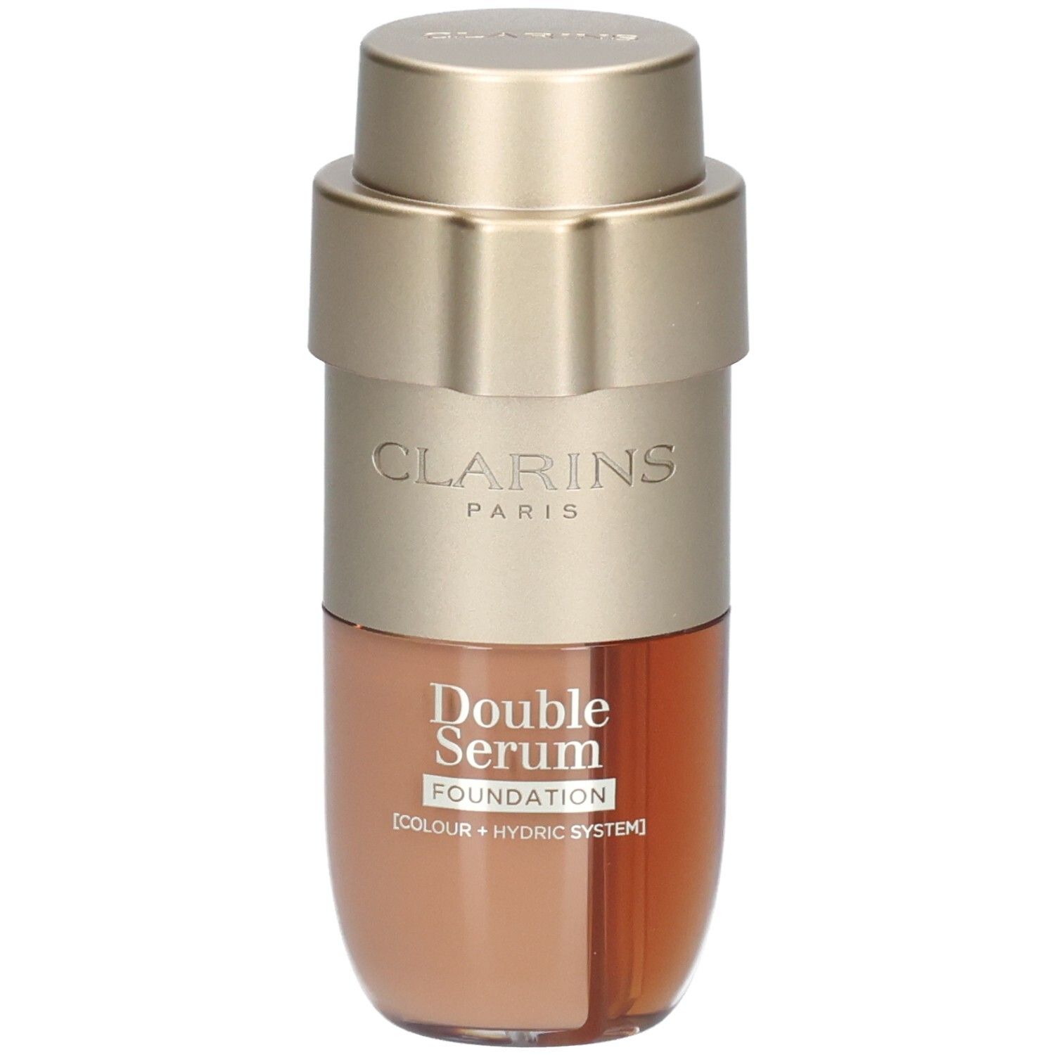 Clarins Double Serum Foundation M5N in gold and brown bottle with pump dispenser.